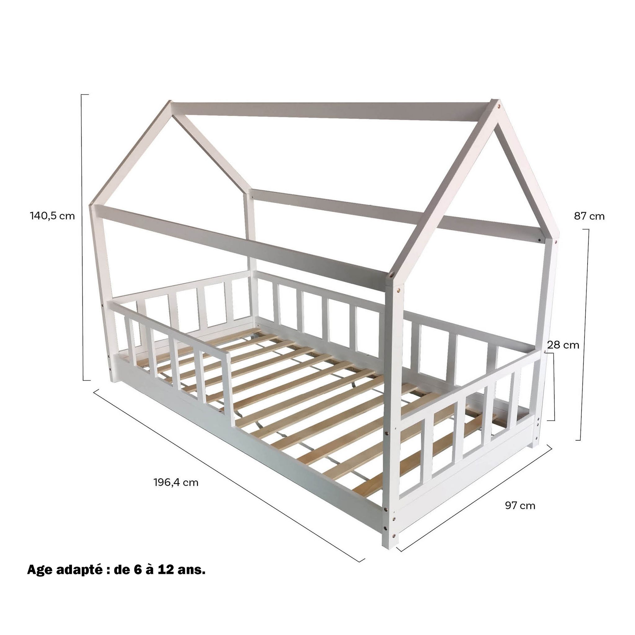 Lit cabane 90 x 190 cm + sommier + barrière TIKI