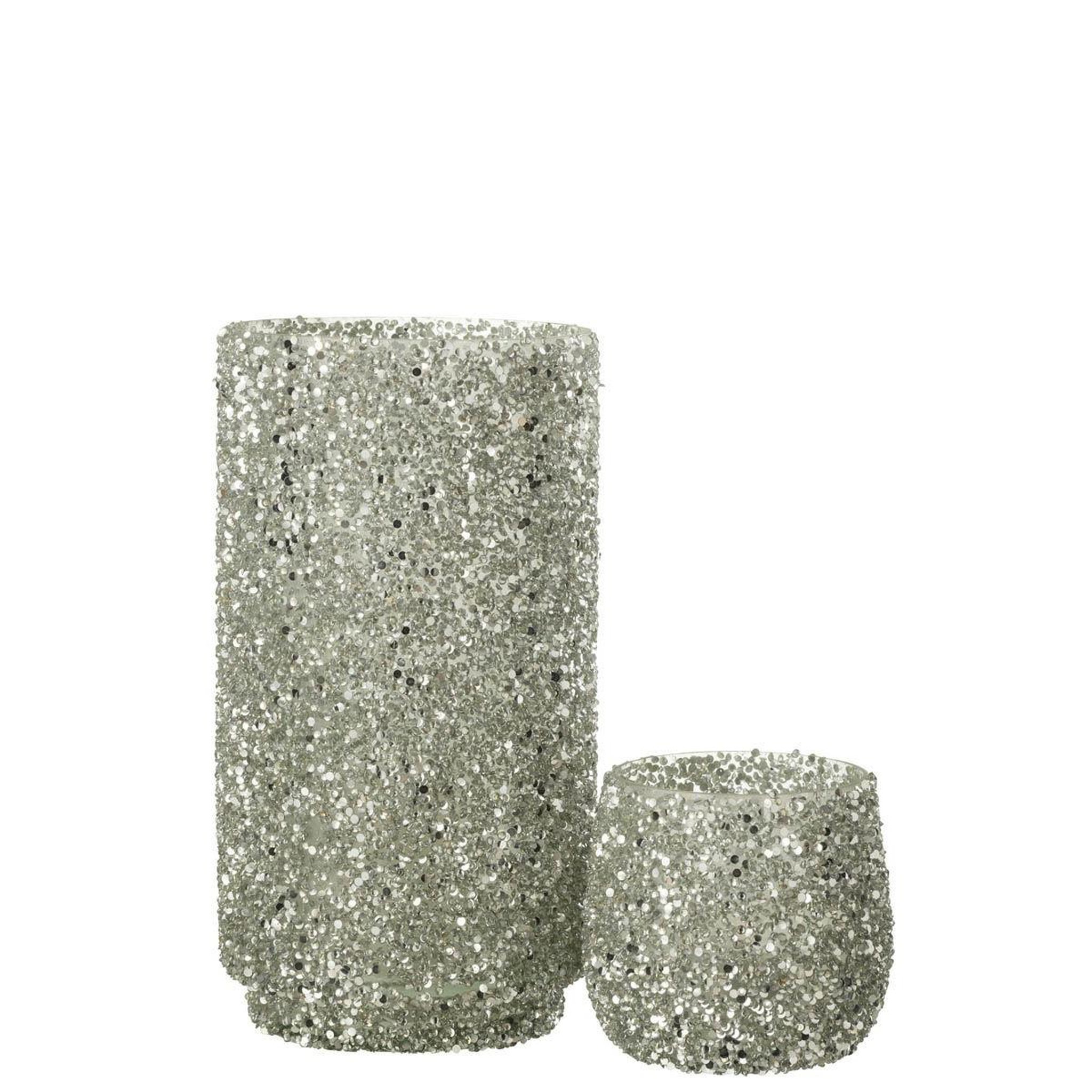 Voir la diapositive 4 : J-LINE Photophore en Verre à Paillettes  Ethel  25cm Argent
