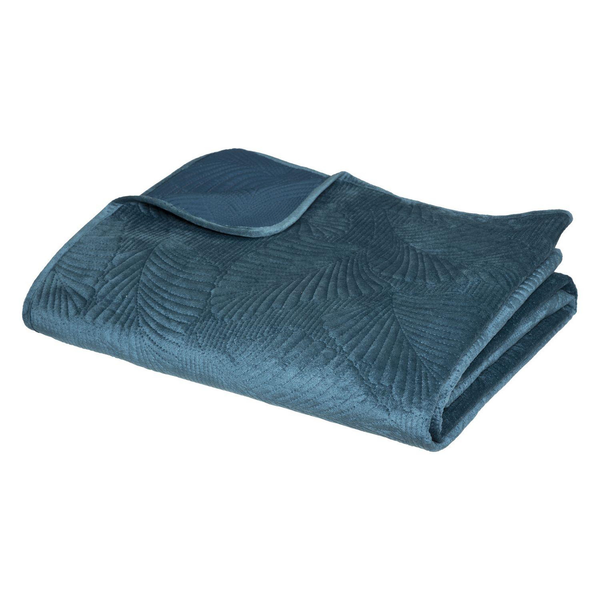 ATMOSPHERA Dessus de lit en polyester, effet velours, broderies feuilles - 260x240 cm - bleu canard