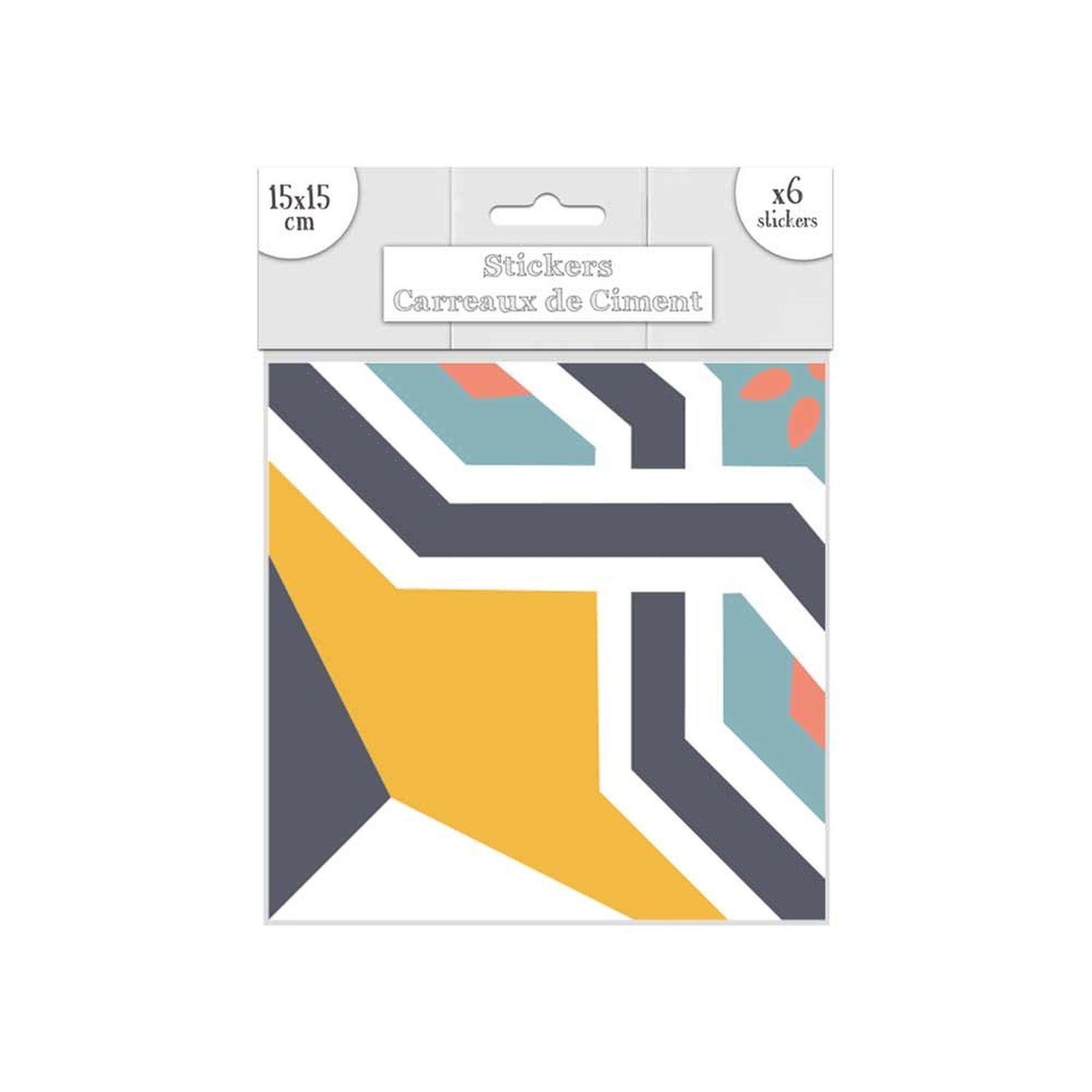SUD TRADING 6 stickers carreaux de ciment - 15 x 15 cm - vagues bleues et oranges