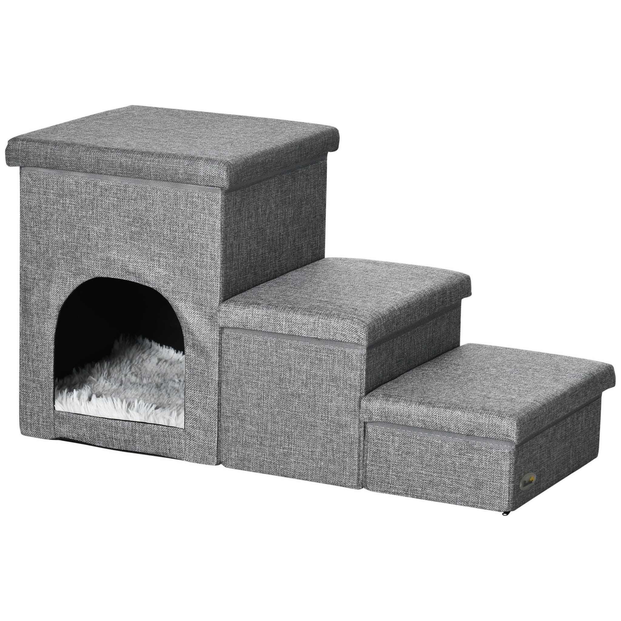 Voir la diapositive 1 : PAWHUT Escalier pour chat chien niche coffre 3 en 1 - 3 marches, coussin inclus - revêtement tissu rembourré doux - structure mdf - gris