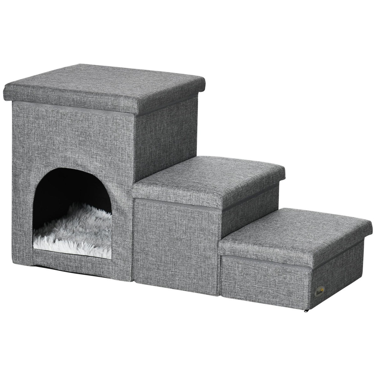 PAWHUT Escalier pour chat chien niche coffre 3 en 1 - 3 marches, coussin inclus - revêtement tissu rembourré doux - structure MDF - gris