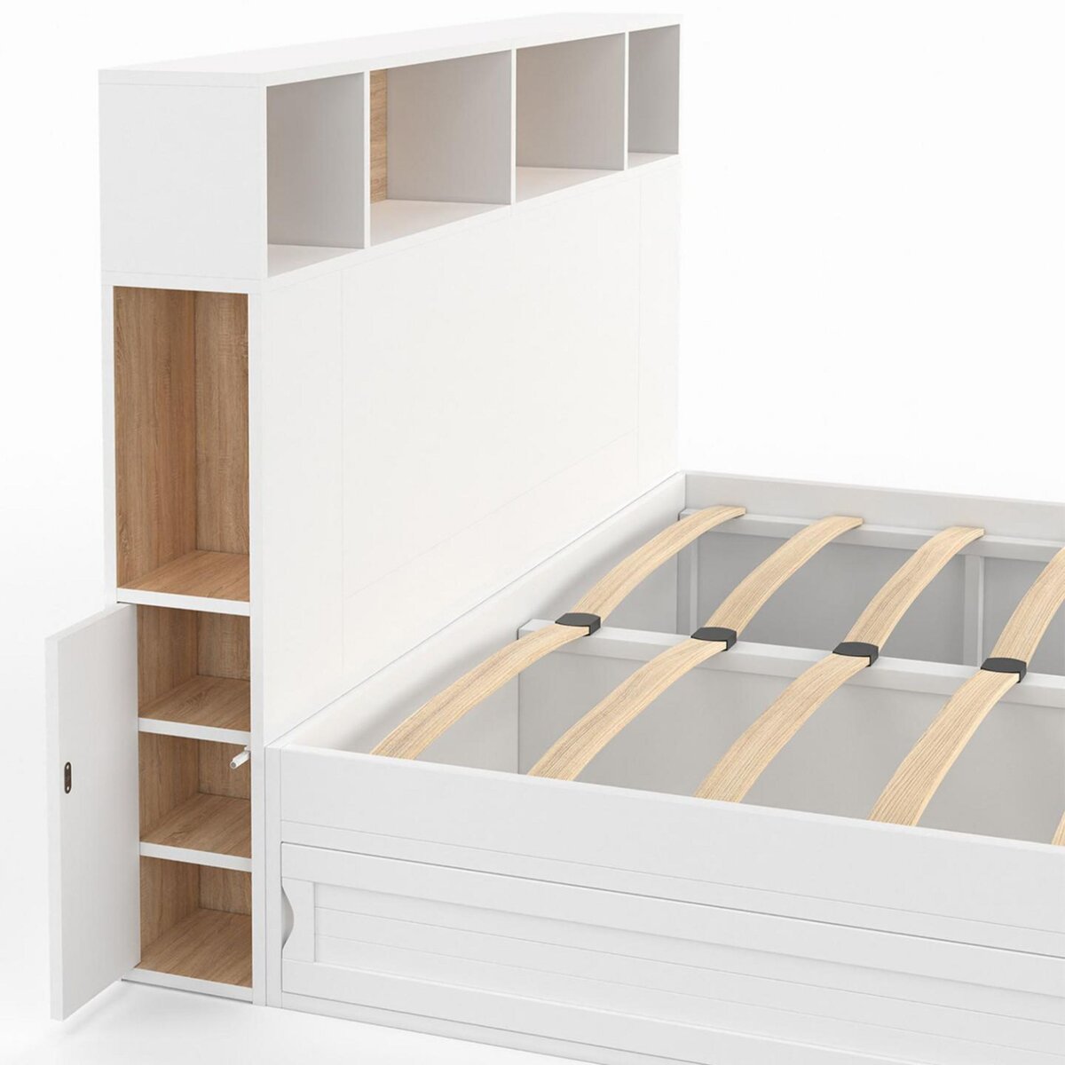 ID MARKET Lit double CLEM avec tête de lit, rangements et sommier 140 x 190 cm blanc