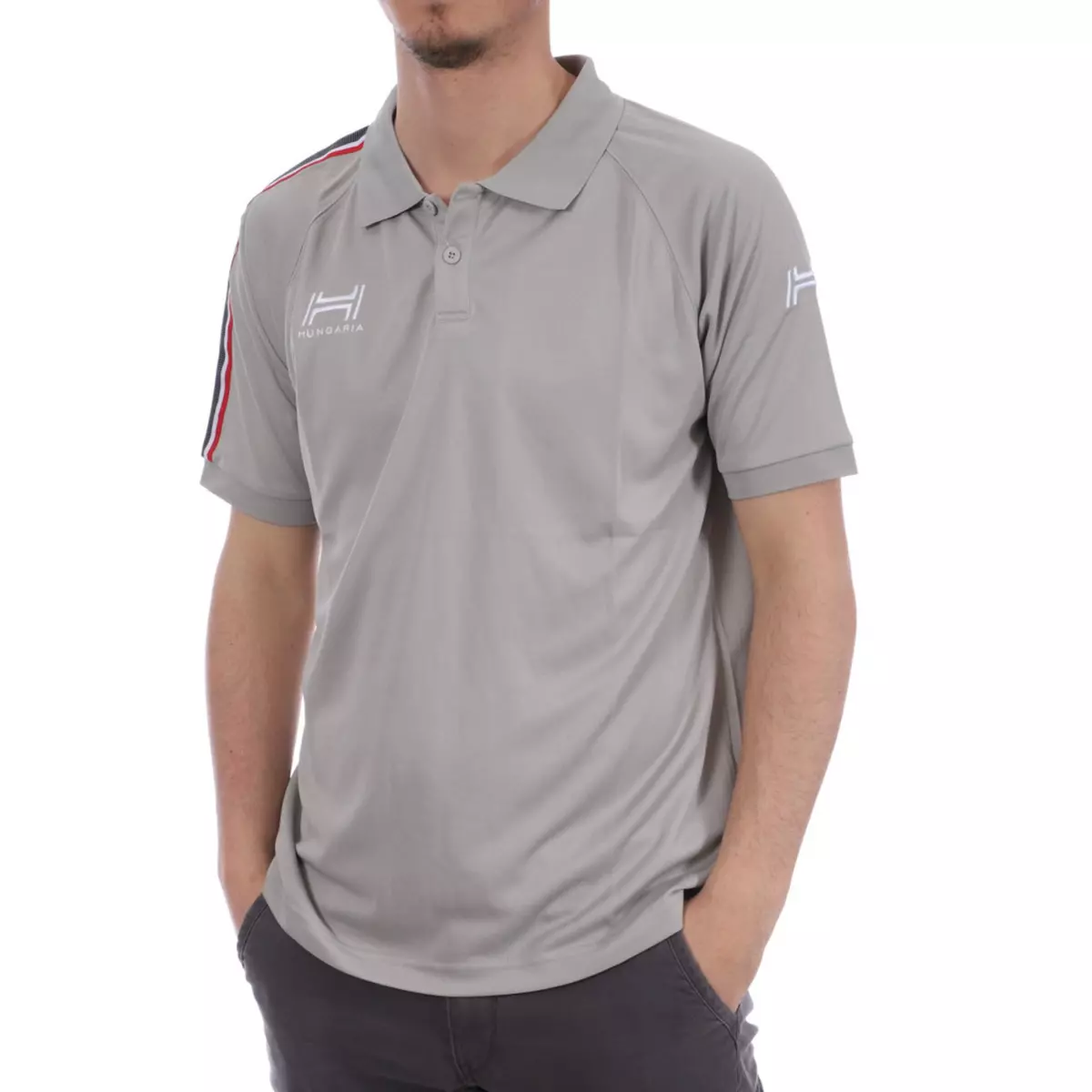 HUNGARIA Polo gris bandes rouge/noir homme Hungaria Training pro