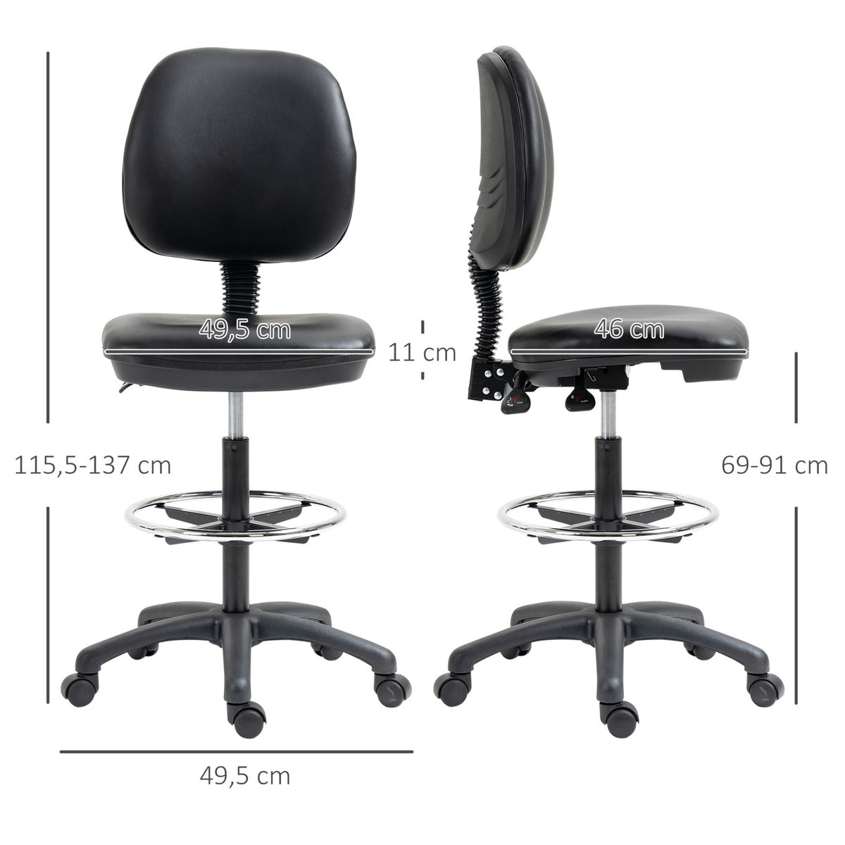 HOMCOM Tabouret à roulettes réglable en hauteur 69-91 cm avec dossier inclinable et repose-pieds réglable
