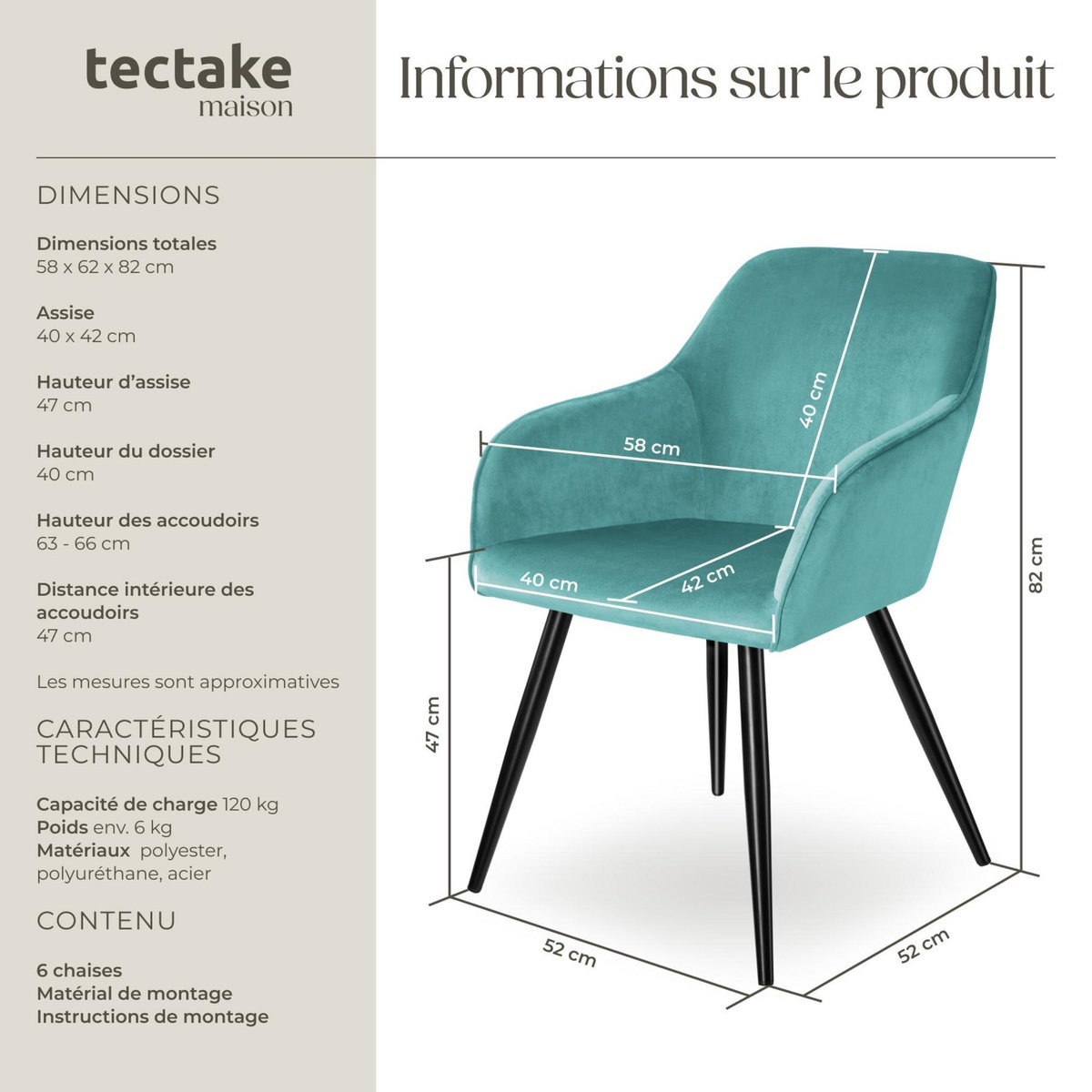 tectake Ensemble de 6 chaises rembourrées effet velours turquoise et noir