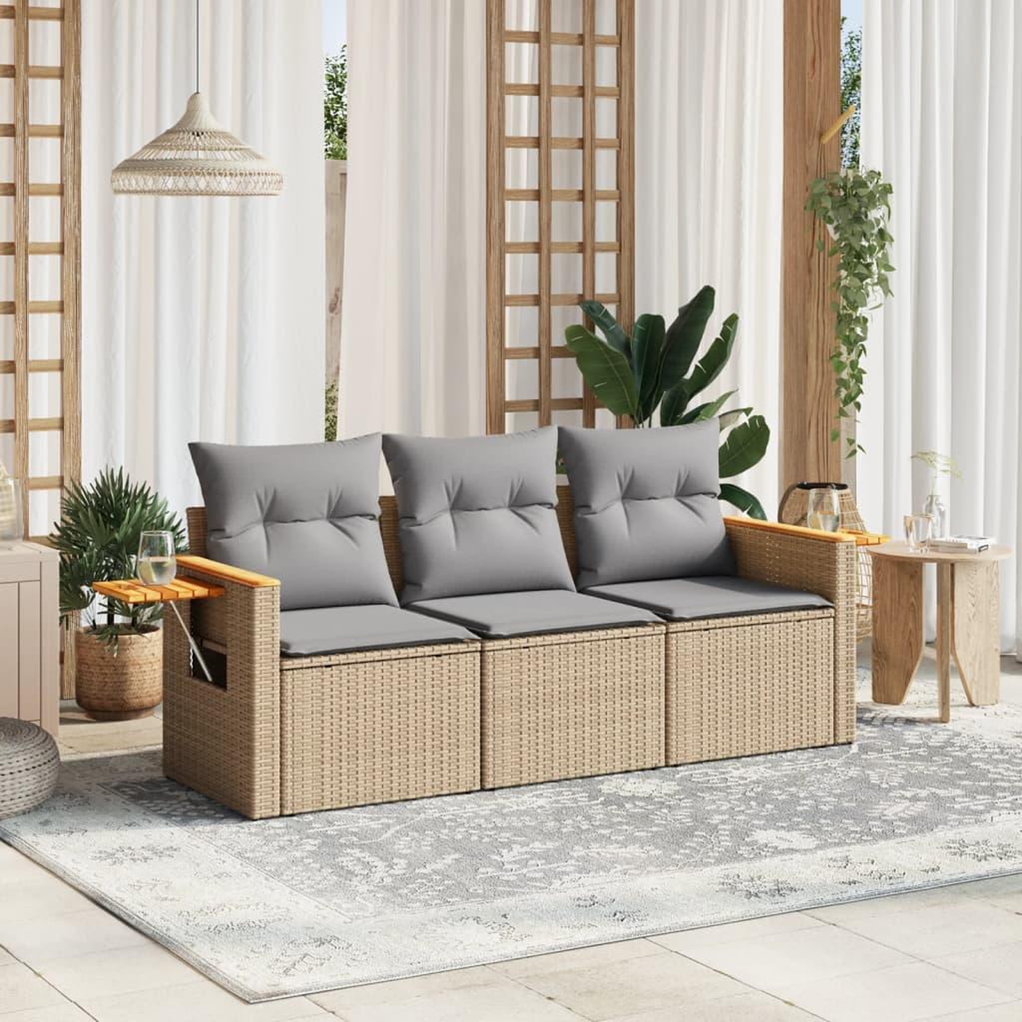 VIDAXL Salon de jardin avec coussins 3 pcs beige resine tressee