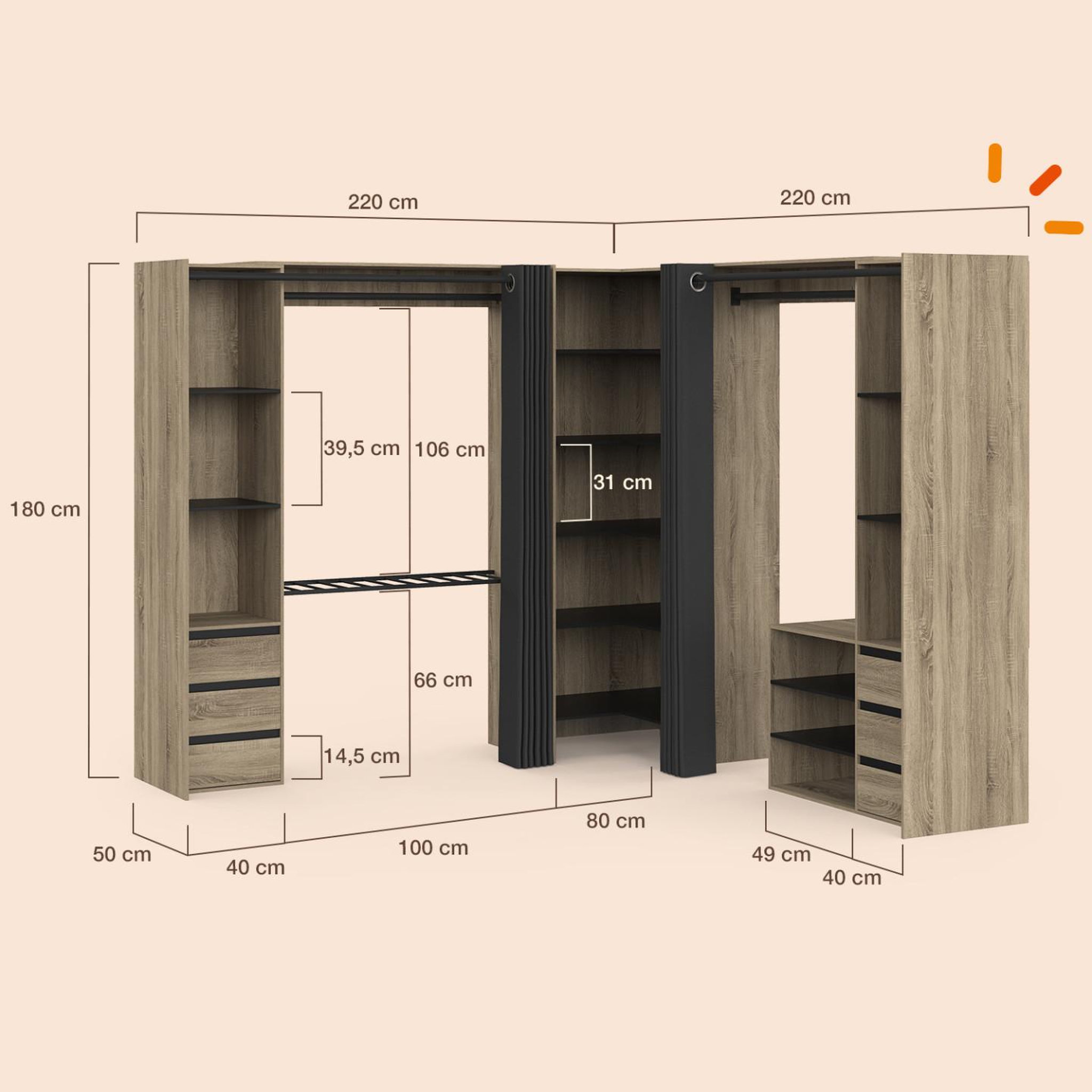 Voir la diapositive 4 : ID MARKET Dressing extensible d'angle marlon 220 x 220 x 180 cm hêtre avec penderies + porte pantalon + étagères + tiroirs + rideaux noirs
