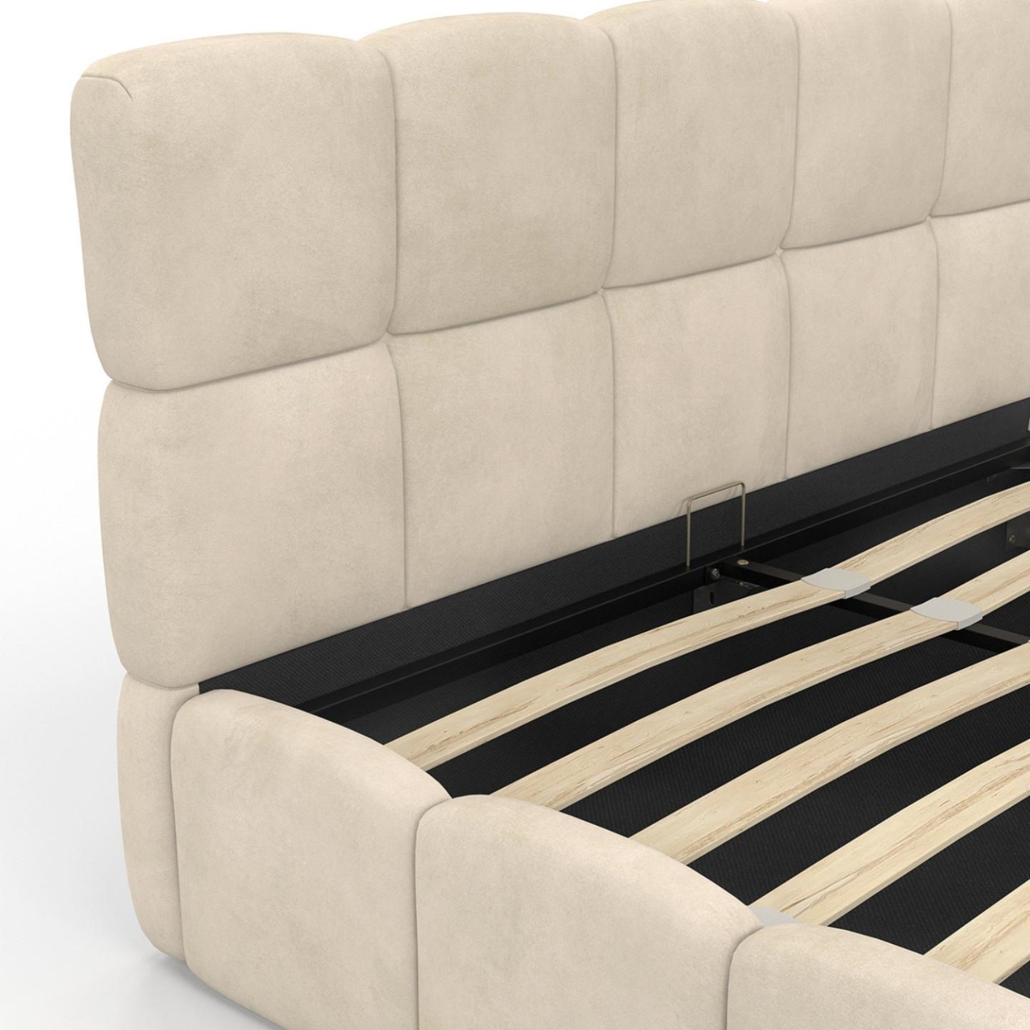 Voir la diapositive 6 : ID MARKET Lit coffre double nuage avec tête de lit matelassée et sommier 160 x 200 cm velours beige