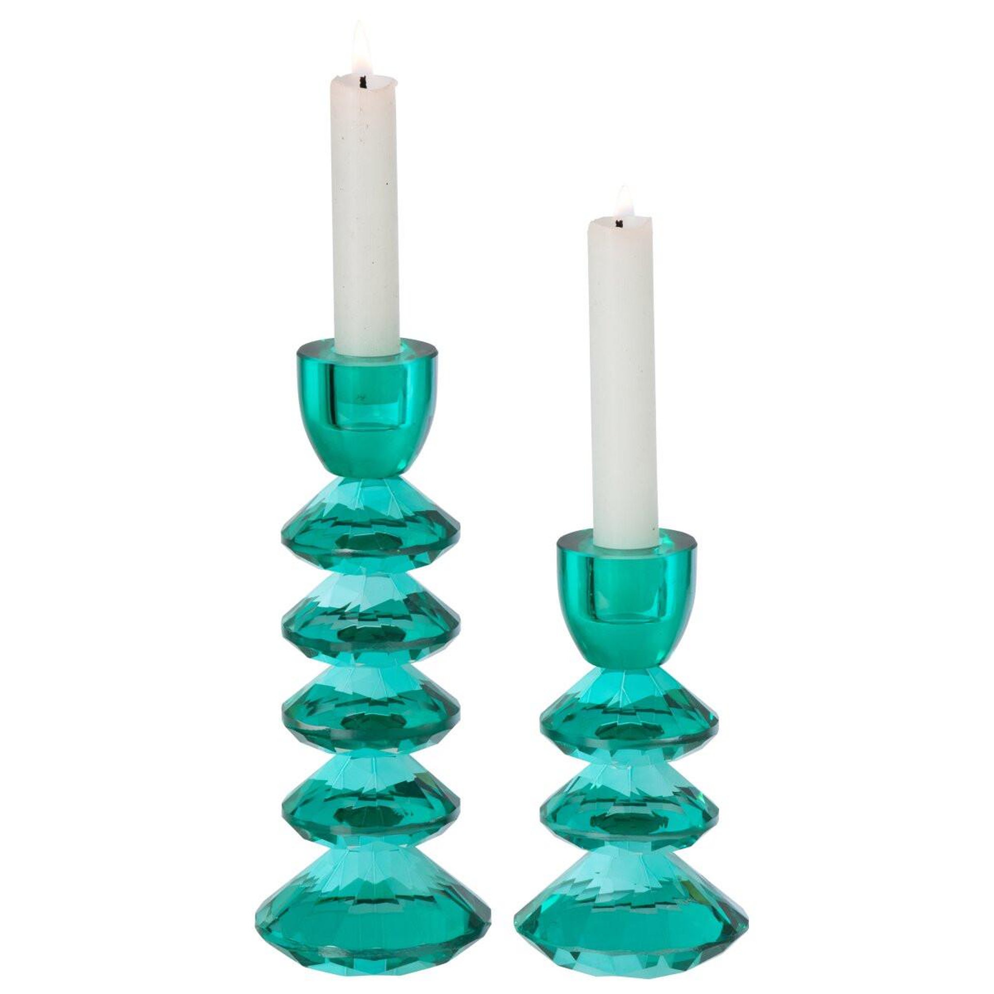Voir la diapositive 2 : J-LINE Lot de 2 bougeoirs en verre  brahim  21cm turquoise