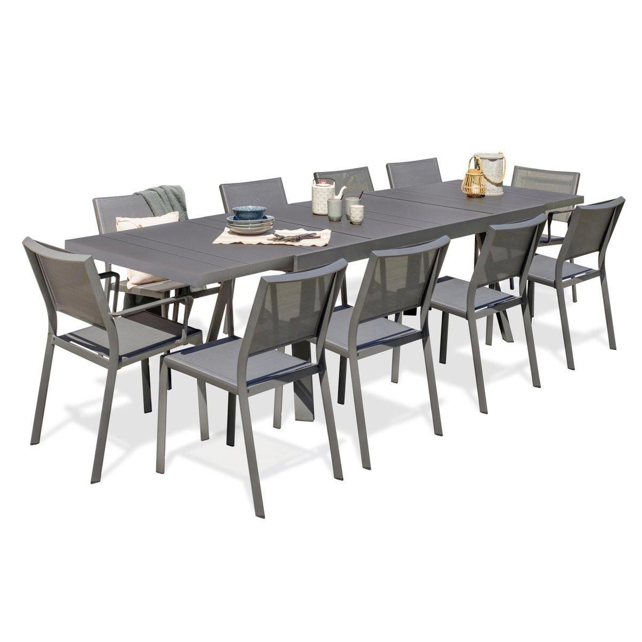 DCB GARDEN Ensemble Table de Jardin 8 Chaises & 2 Fauteuils  Stockholm  200-300cm Gris Anthracite
