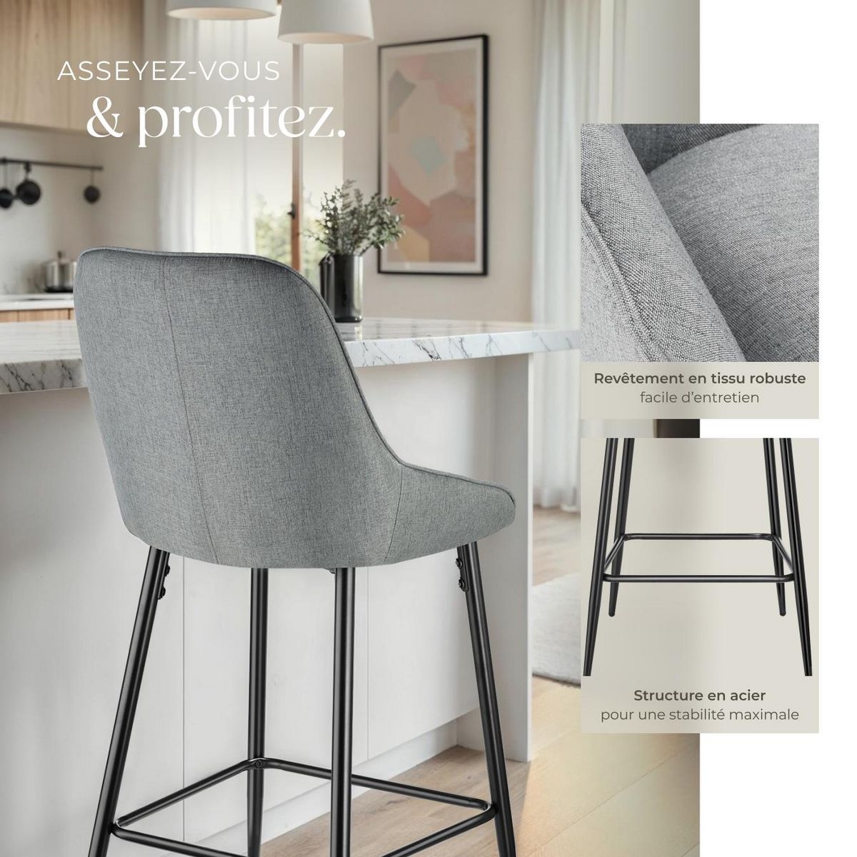 tectake Chaise de bar rembourrée avec une housse douce Tissu gris/noir Ensemble de 6 pièces