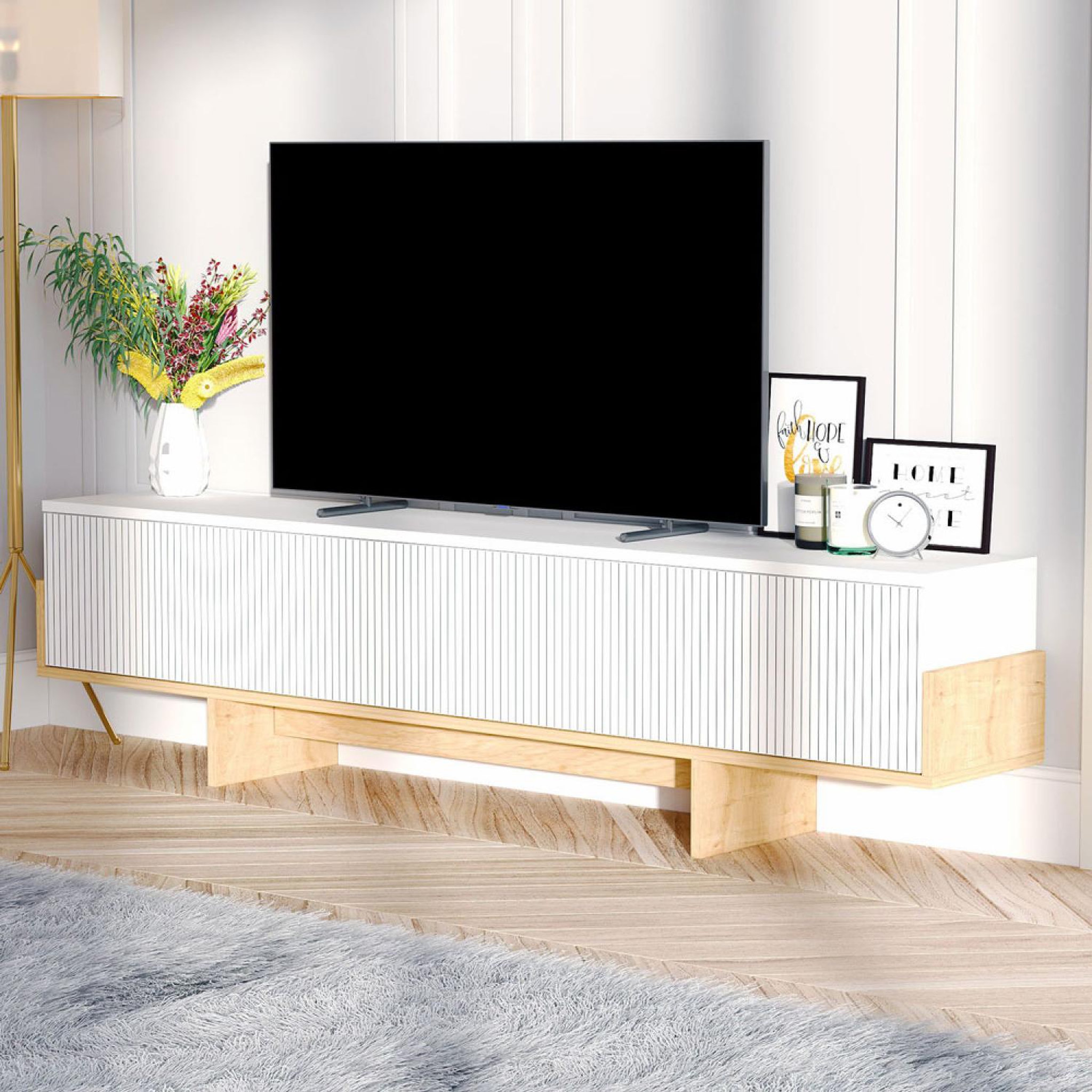 Voir la diapositive 4 : CONCEPT USINE Meuble tv avec placards blanc et bois 180cm wopi