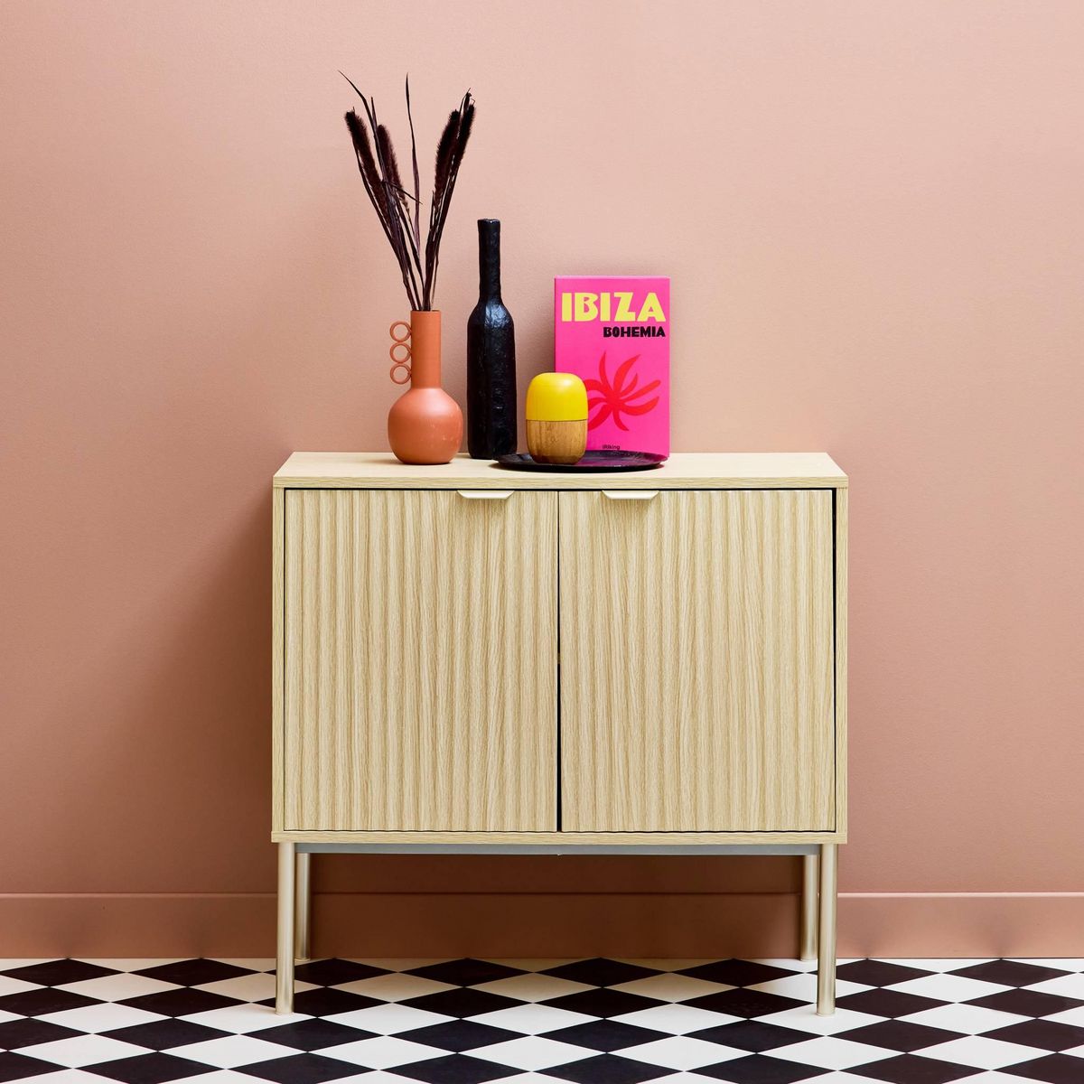 SWEEEK Buffet effet bois rainuré et métal champagne. 2 portes 80cm. buffet bas