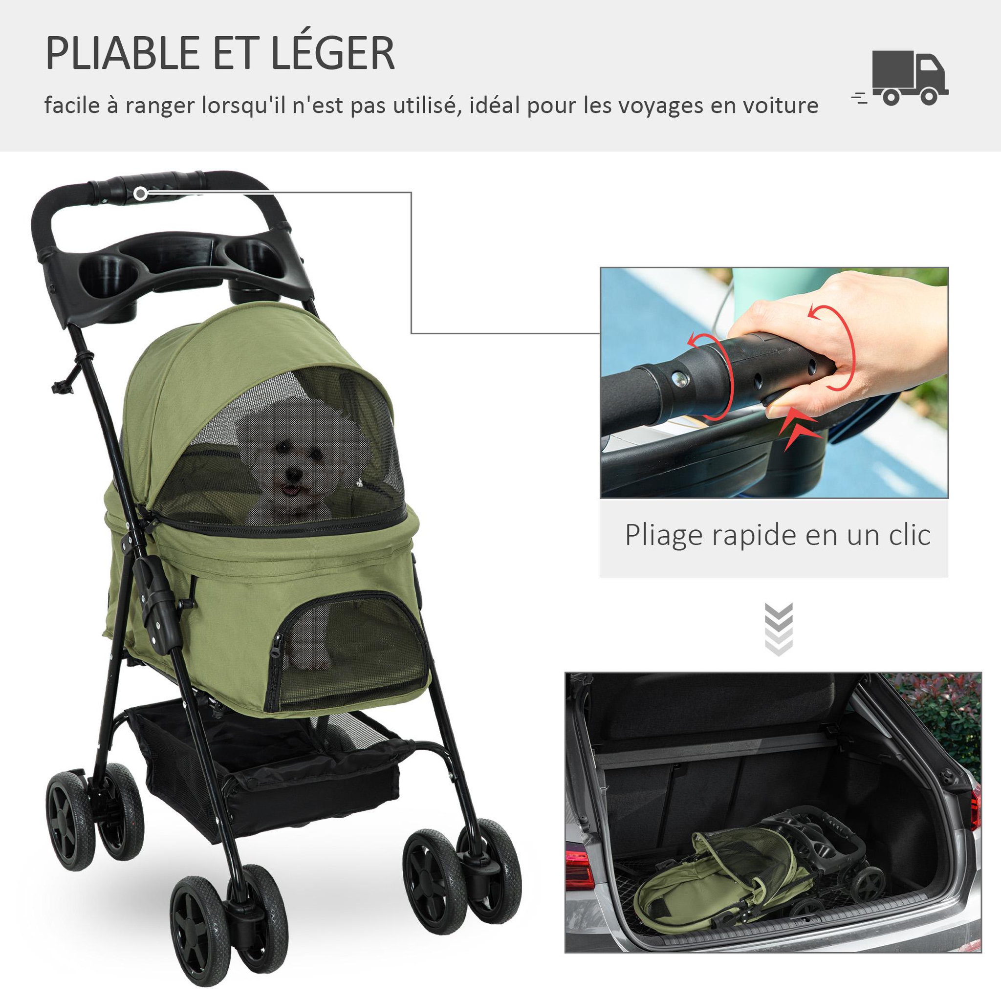 Voir la diapositive 4 : PAWHUT Poussette buggy pliable chien chat panier rangement porte-gobelets tissu 300d oxford imperméable 4 roues vert