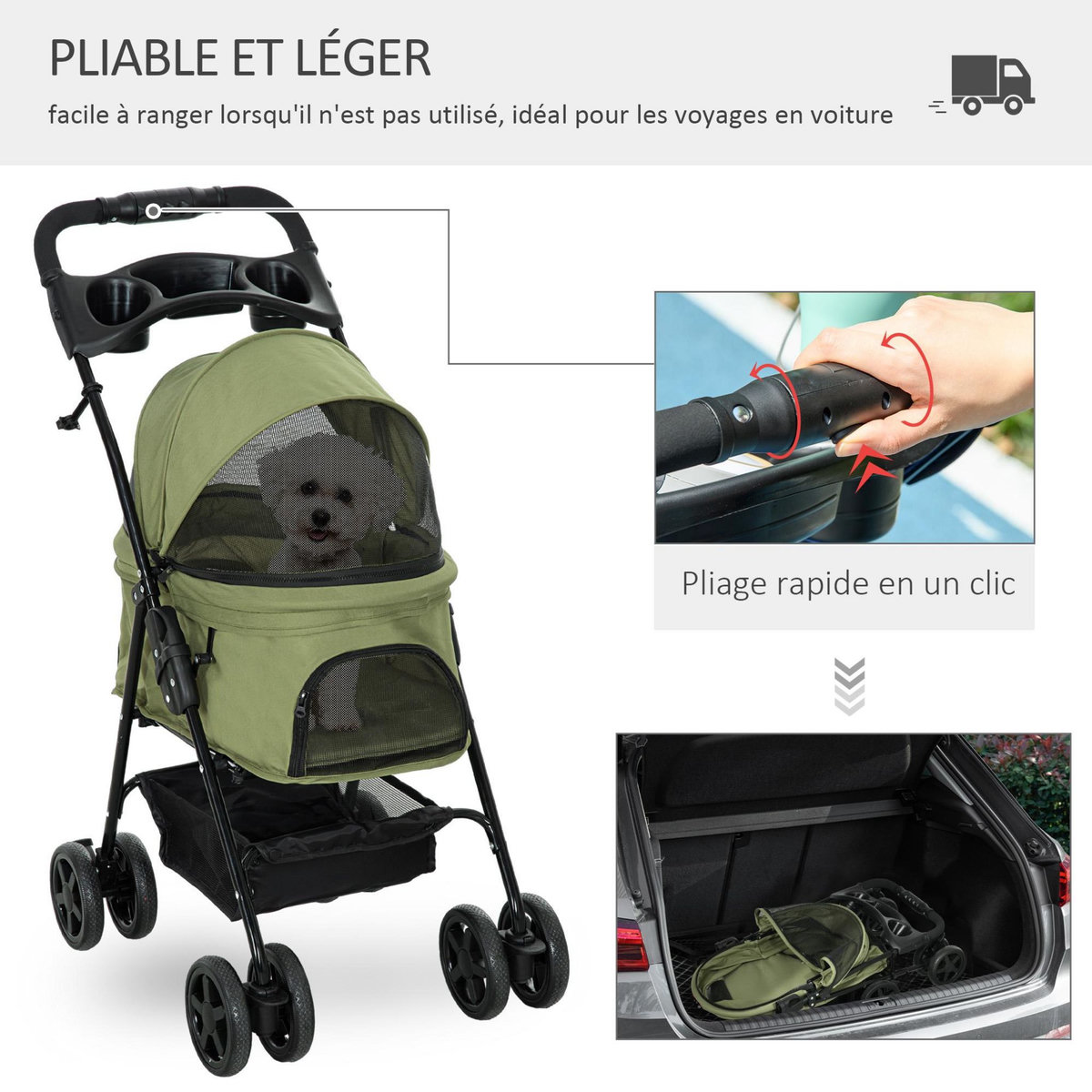PAWHUT Poussette buggy pliable chien chat panier rangement porte-gobelets tissu 300D Oxford imperméable 4 roues vert