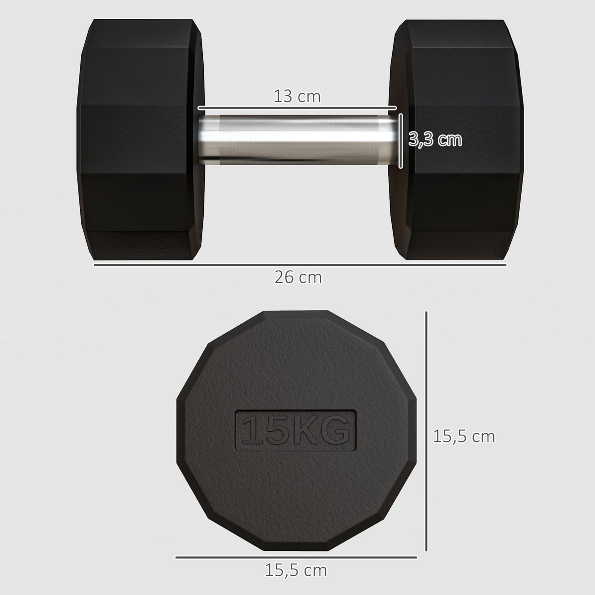 HOMCOM Haltère courte dodécagonale 15 Kg - poignée antidérapante - métal caoutchouc noir