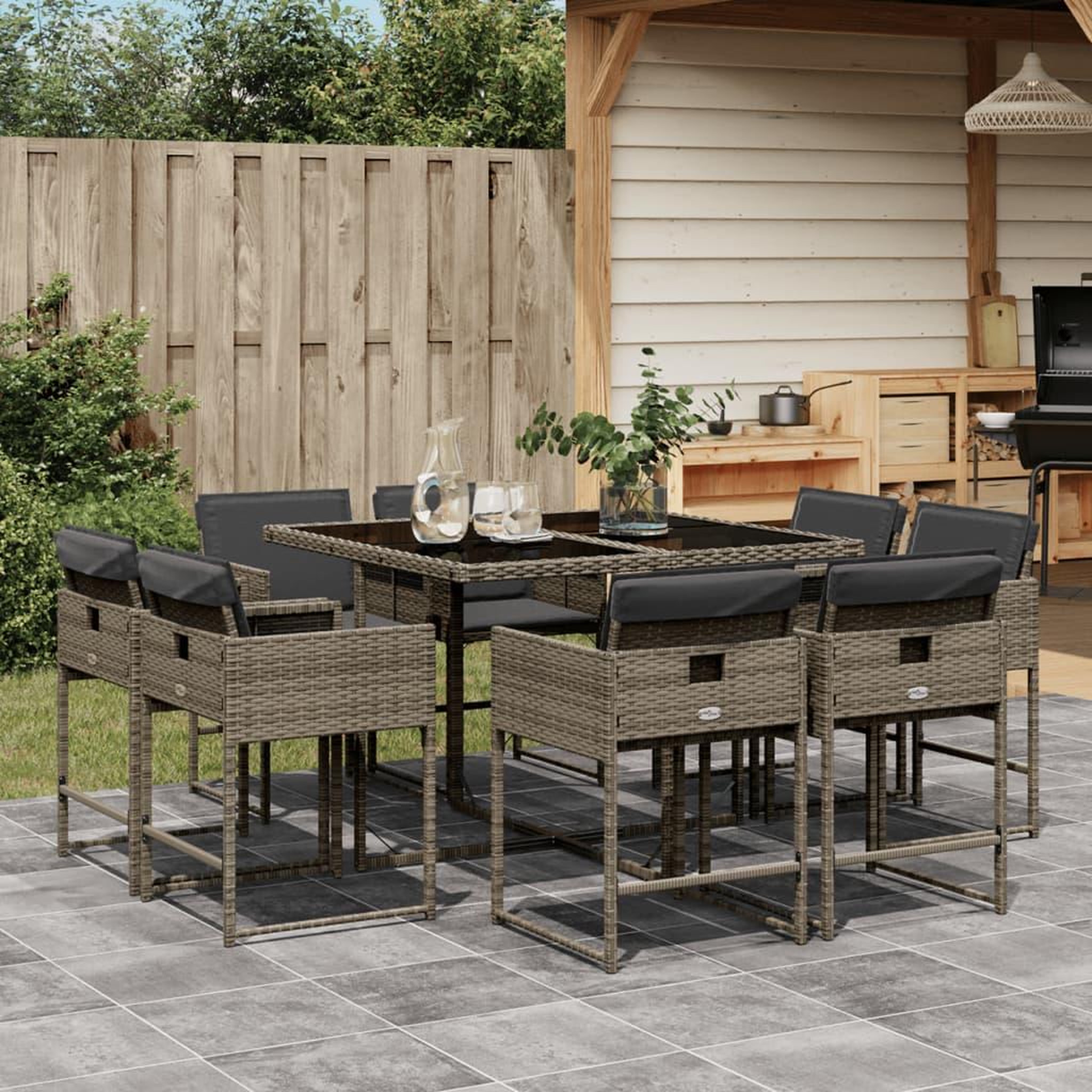 VIDAXL Ensemble a manger de jardin 9 pcs coussins gris resine tressee