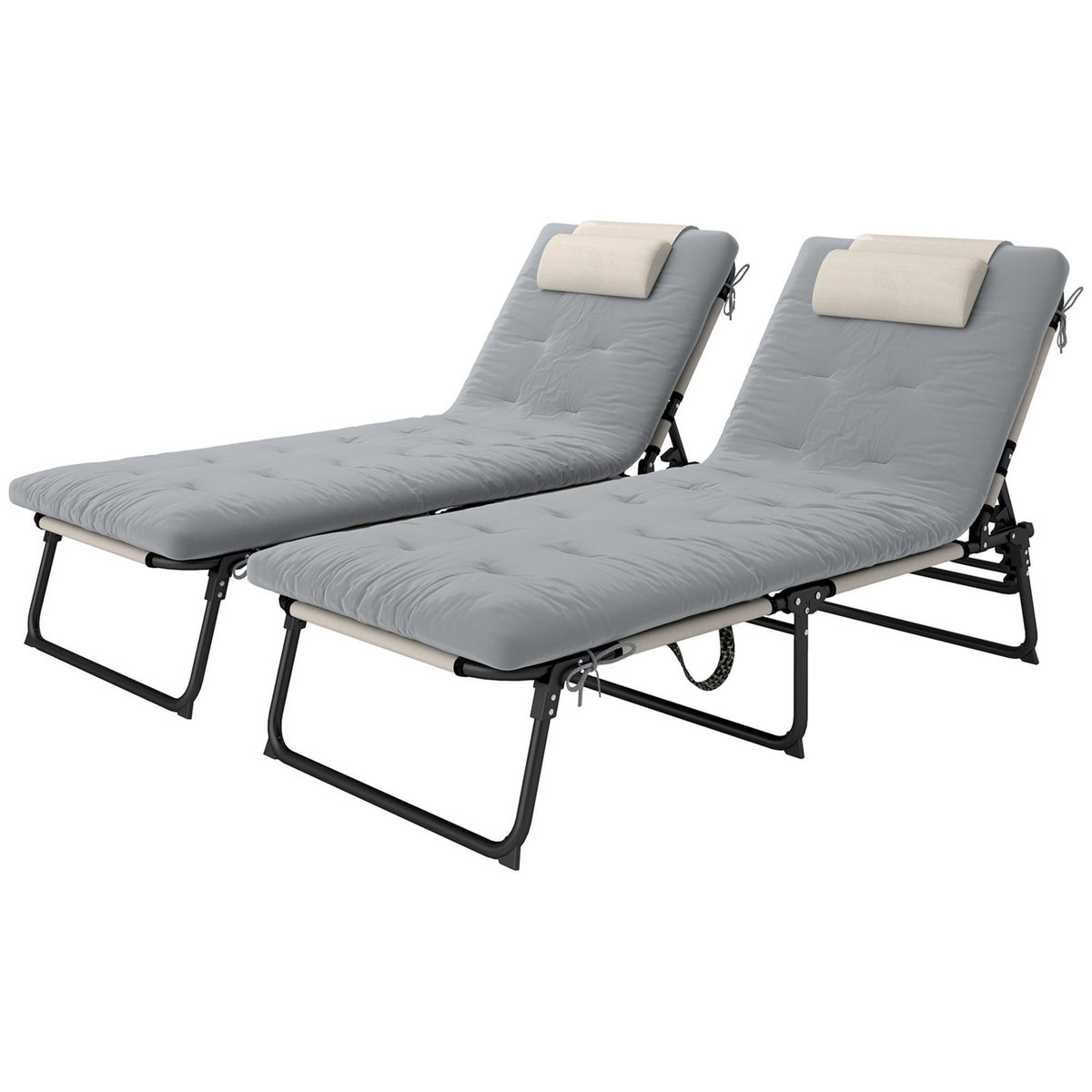 OUTSUNNY Lot de 2 transats bains de soleil pliables inclinables - tétière, matelas épais - métal tissu gris crème