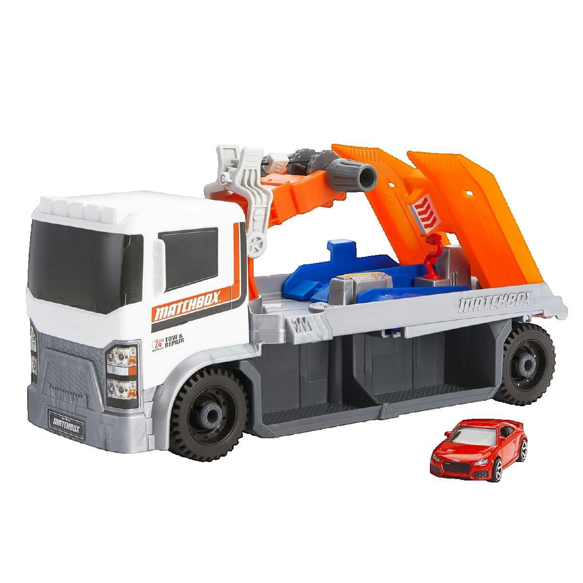 Voir la diapositive 2 : Matchbox Camion de dépannage Mattel avec rampe et grue opérationnelle