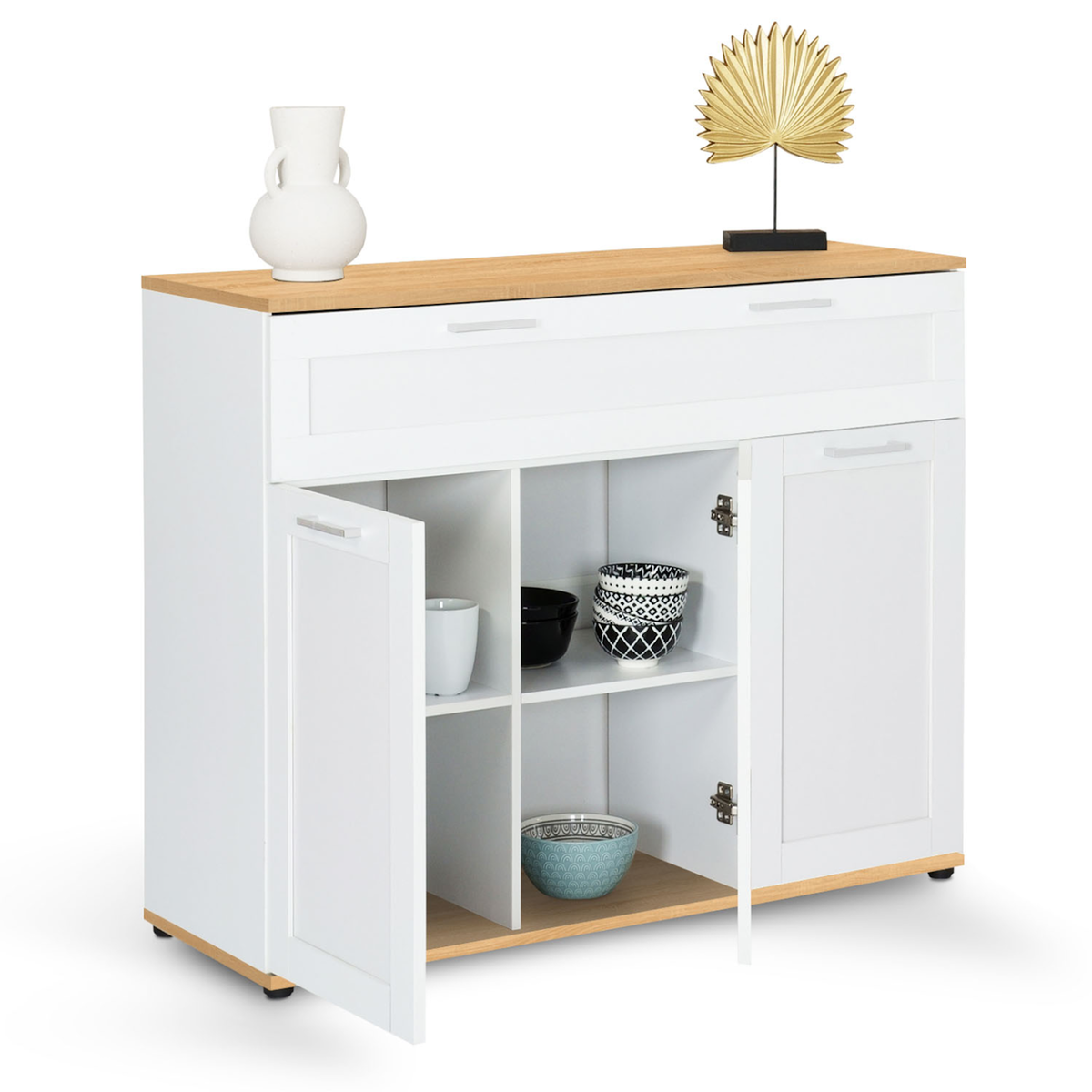 ID MARKET Buffet 100 cm VITO 3 portes et 1 tiroir blanc et plateau bois