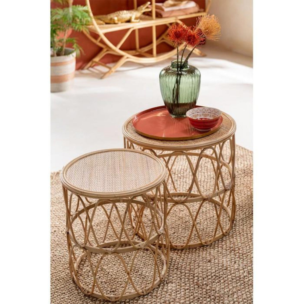 Paris Prix Lot de 2 Tables Gigognes en Rotin  Vague  50cm Naturel