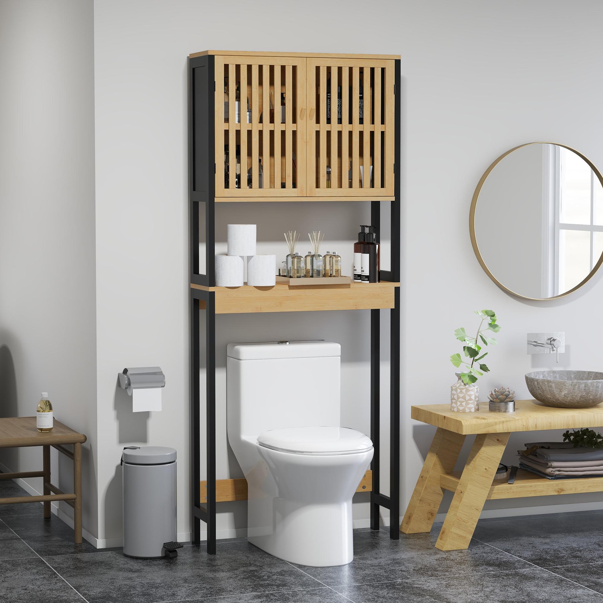 Voir la diapositive 2 : KLEANKIN Meuble étagère dessus wc - 2 portes, 2 étagères - mdf noir bois bambou verni