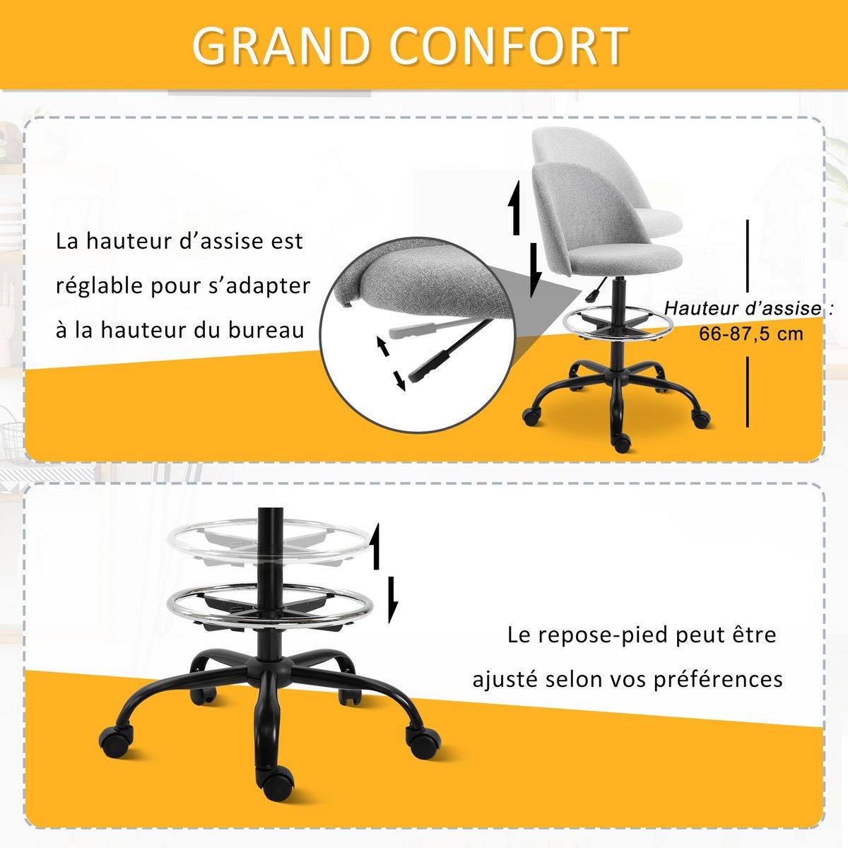 VINSETTO Vinsetto Chaise de bureau assise haute réglable 103-123H cm pivotant 360° lin gris
