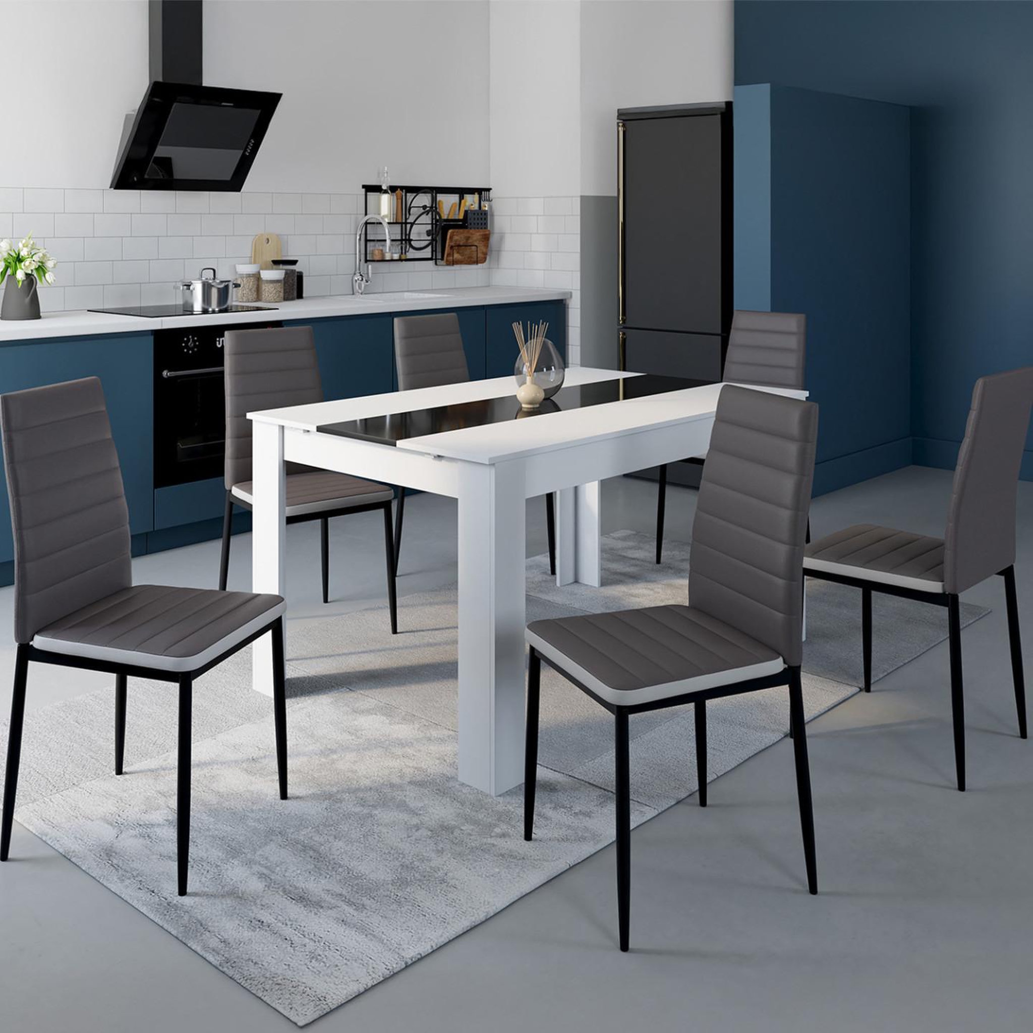Voir la diapositive 2 : ID MARKET Lot de 6 chaises romane grises bandeau blanc pour salle à manger