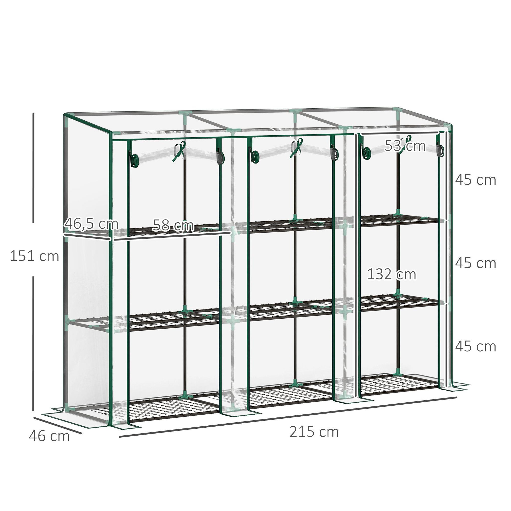 Voir la diapositive 3 : OUTSUNNY Serre de jardin balcon avec étagères métalliques 3 niveaux 3 portes acier noir pvc transparent