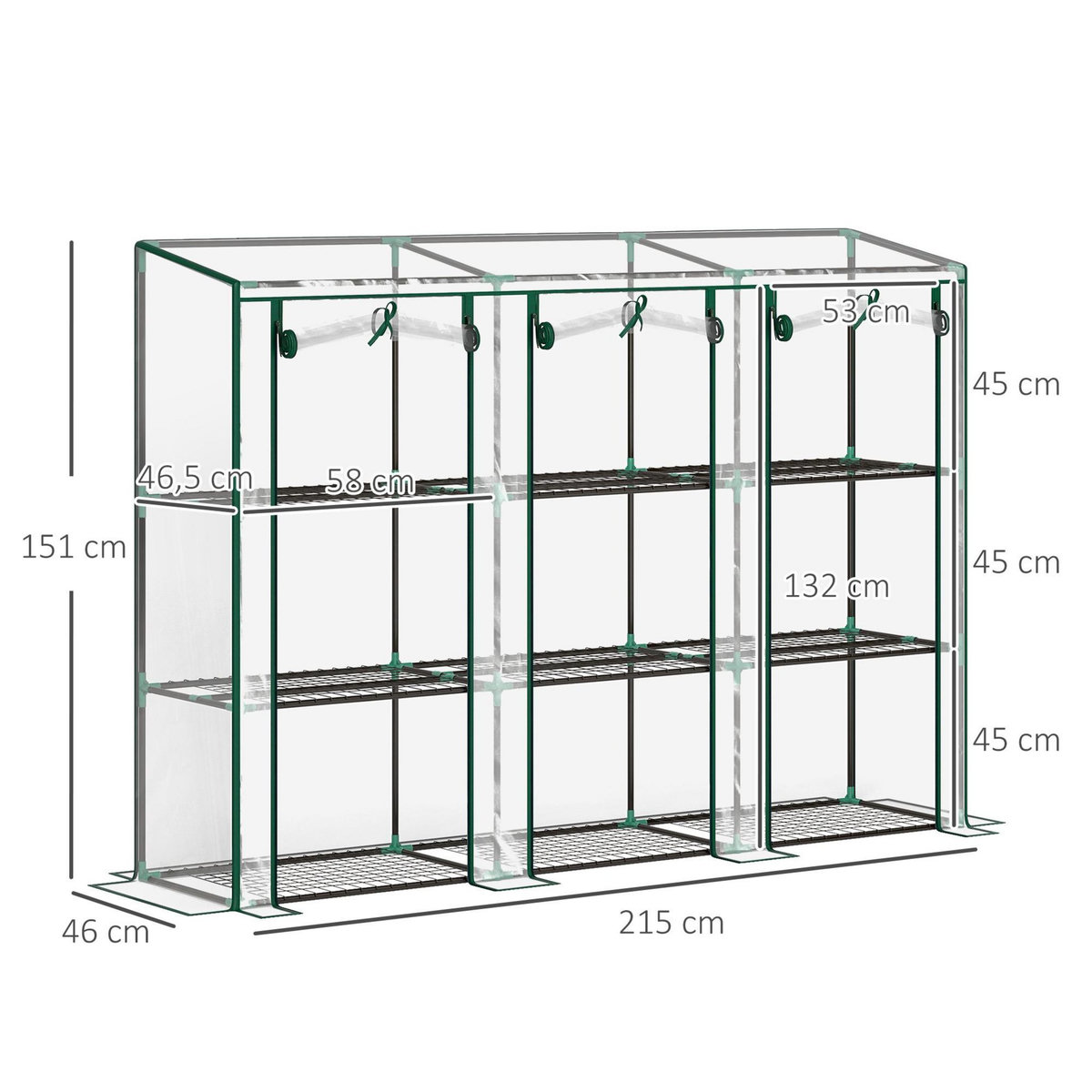 OUTSUNNY Serre de jardin balcon avec étagères métalliques 3 niveaux 3 portes acier noir PVC transparent