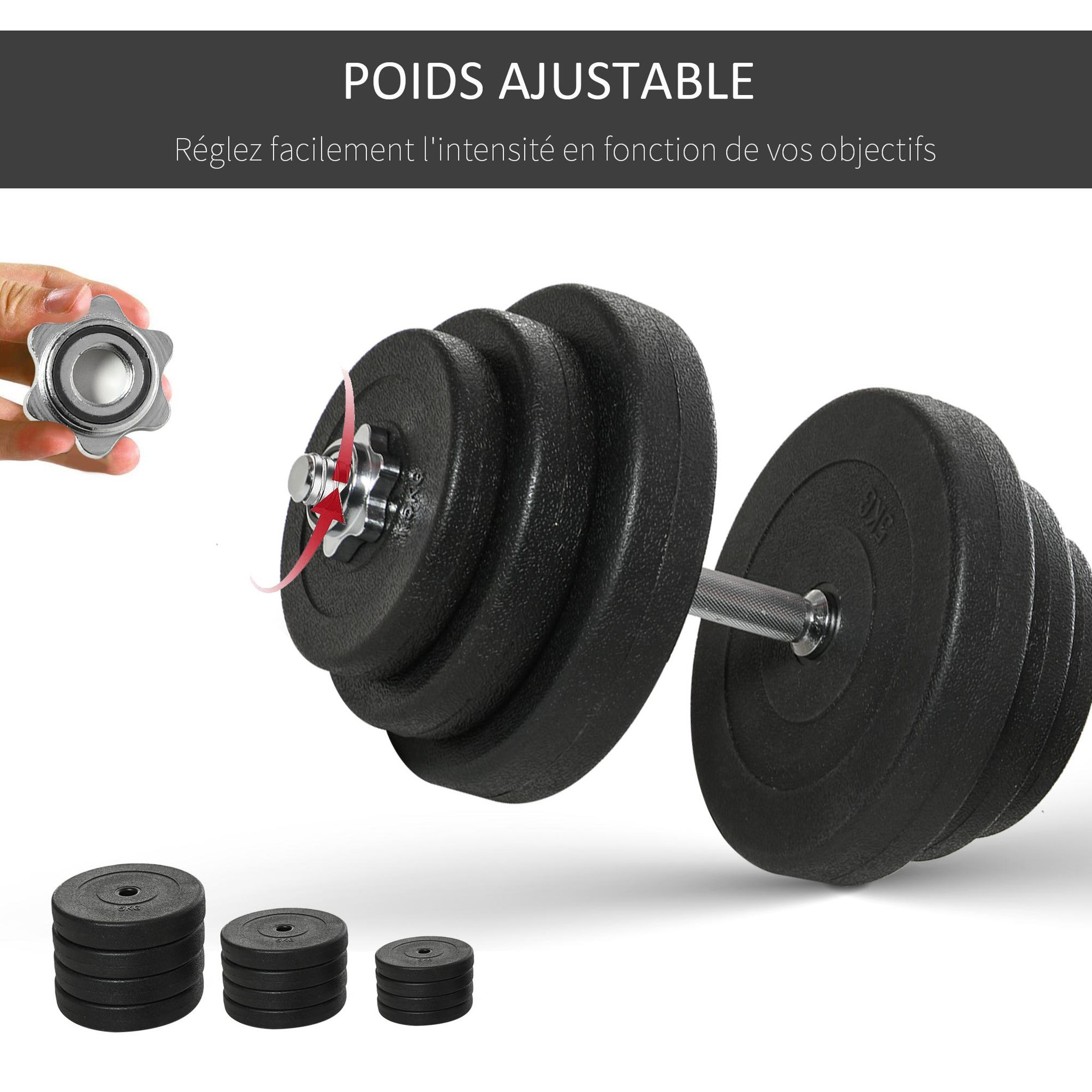 Voir la diapositive 5 : HOMCOM Ensemble d'haltères courtes total 36 Kg - barres incluses - entraînement musculaire & haltérophilie - acier HDPE noir