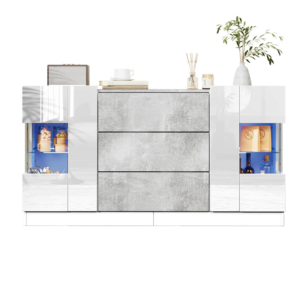 MERAX Buffet 2 porte(s) 3 tiroir(s) - 140 cm blanc+gris led mdf