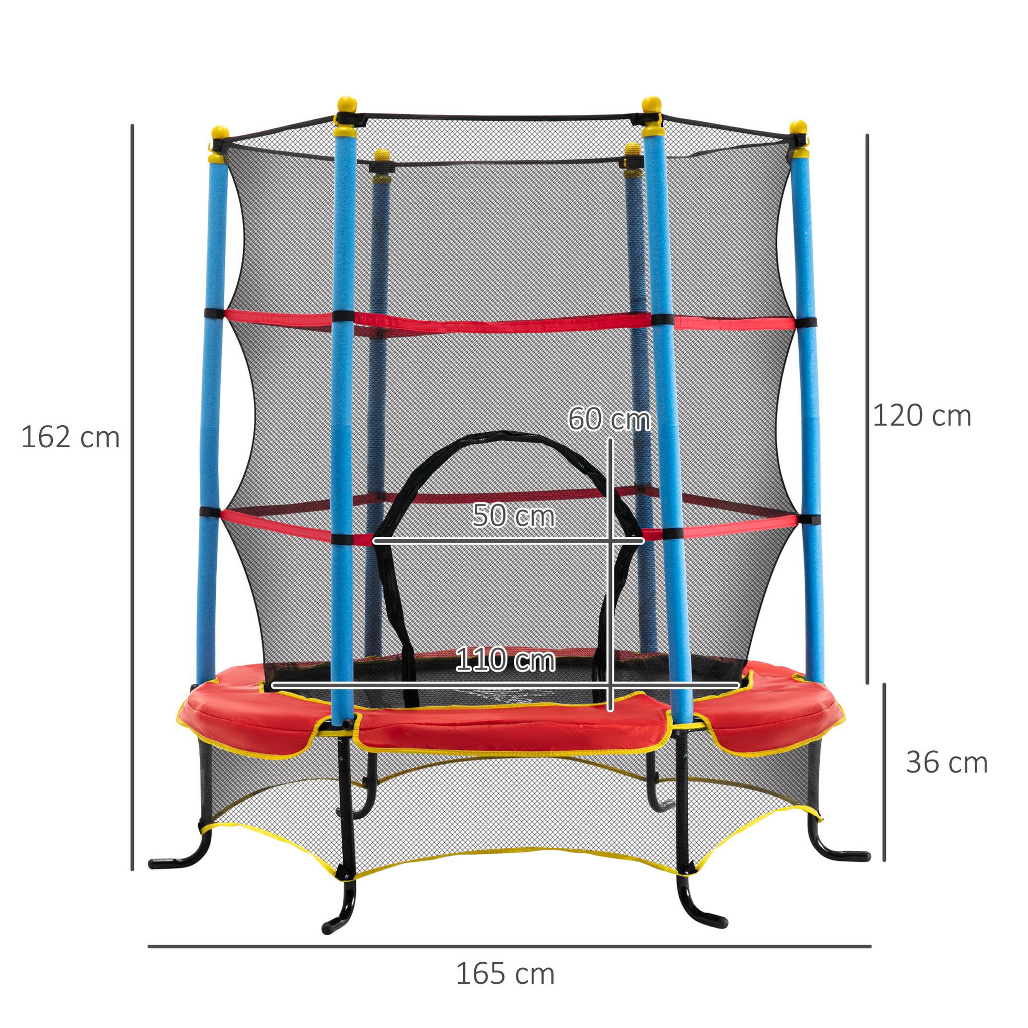 Voir la diapositive 3 : HOMCOM Trampoline de jardin enfant Ø 1,65 × 1,62H m filet de sécurité porte zipée couvre-ressorts + 6 poteaux rembourrés inclus rouge bleu noir