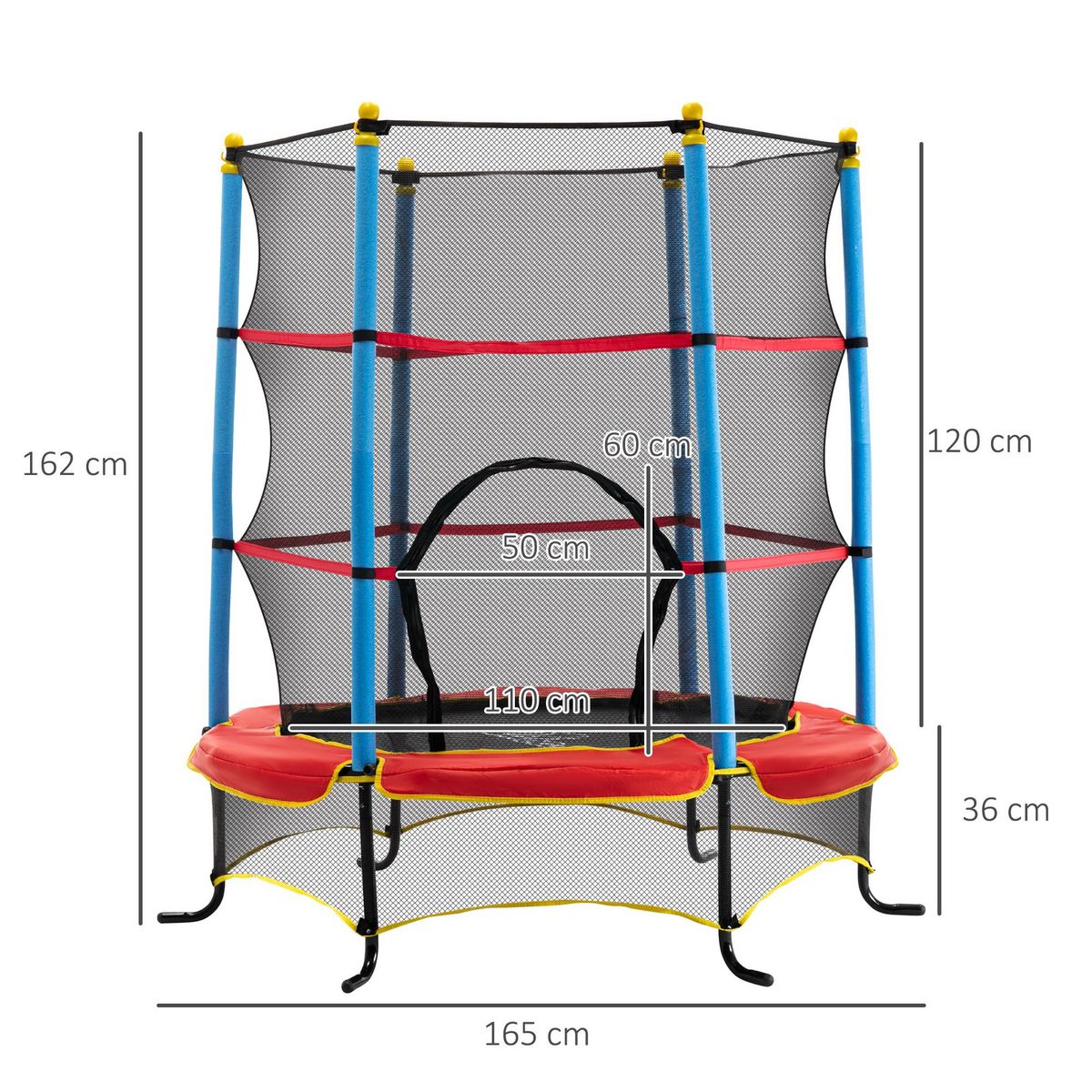 HOMCOM Trampoline de jardin enfant Ø 1,65 × 1,62H m filet de sécurité porte zipée couvre-ressorts + 6 poteaux rembourrés inclus rouge bleu noir