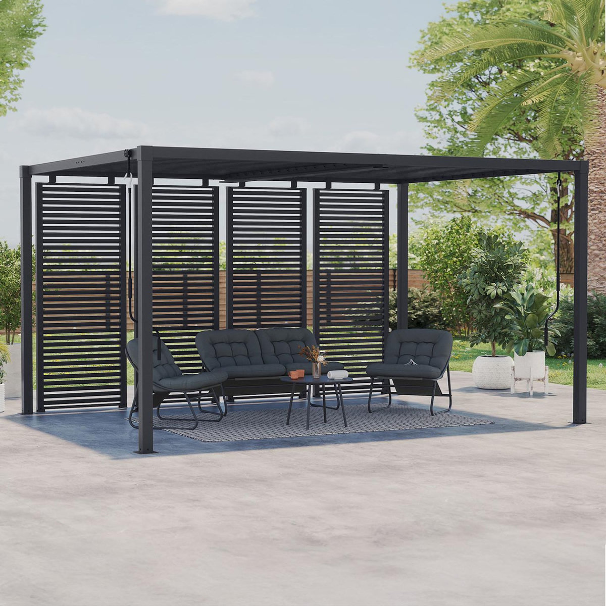 ID MARKET Pergola bioclimatique lames orientables acier 3x4 M avec persiennes horizontales gris anthracite