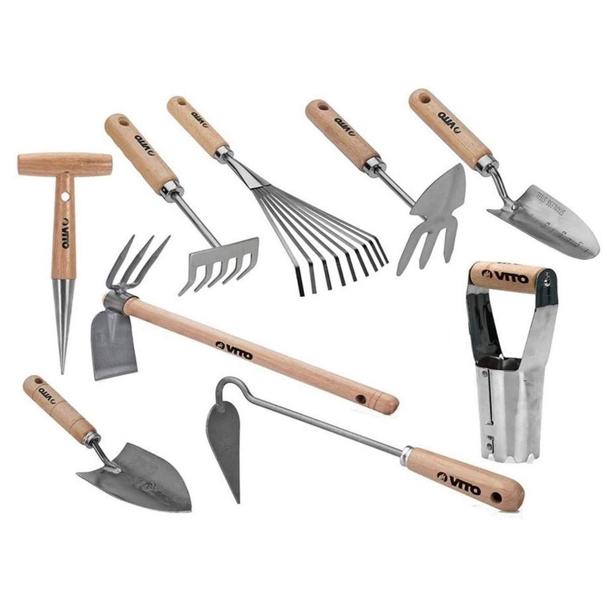 VITO Garden Kit 9 outils de jardin Manche bois Hêtre Inox et Fer forgés à la main  VITO