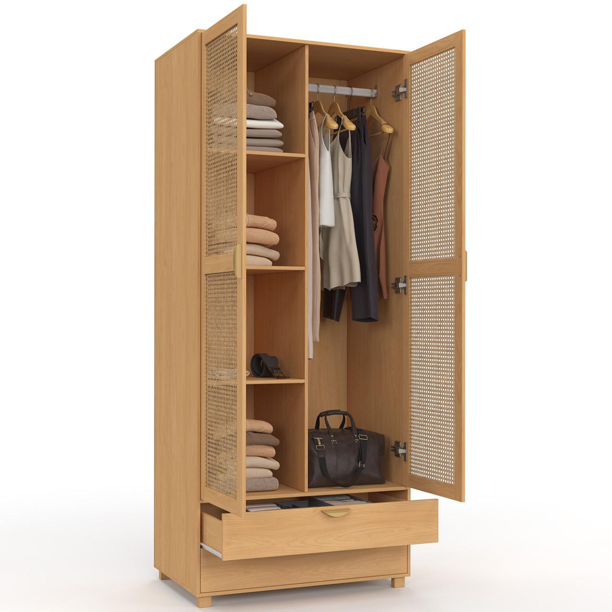 Voir la diapositive 3 : ID MARKET Armoire 2 portes edhen bois et cannage penderie 80 cm avec 2 tiroirs et étagères