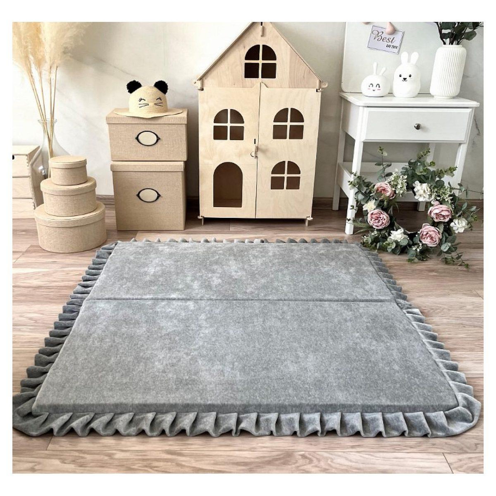 Voir la diapositive 2 : MONIO FOR KIDS Tapis de jeu pliable en velours carré gris 125x125