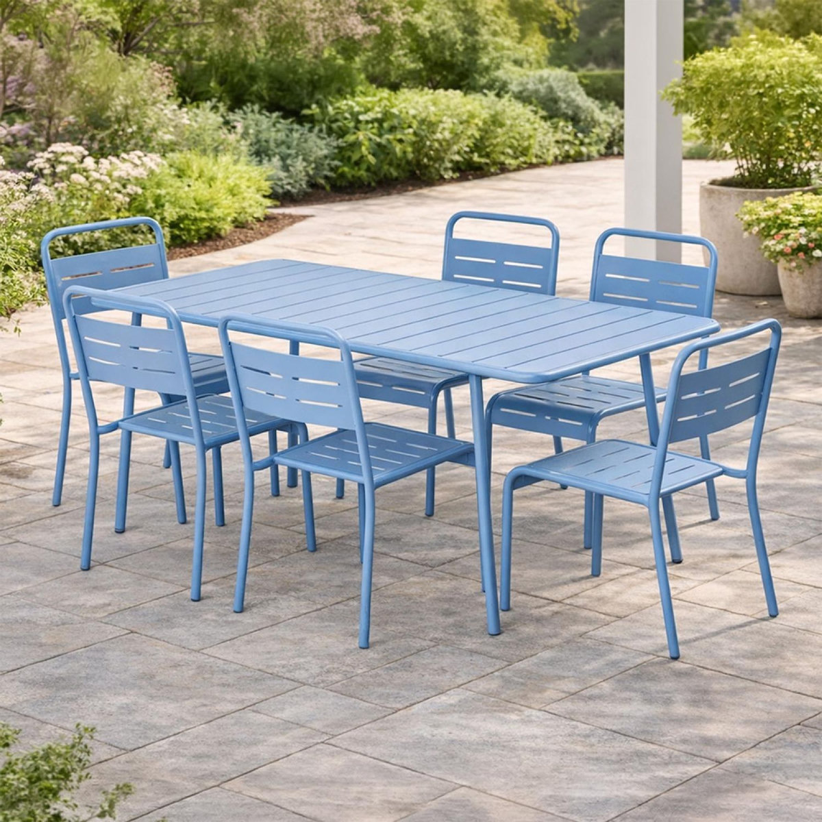 CONCEPT USINE Ensemble table de jardin 160 cm et 6 chaises bleu BERGAME