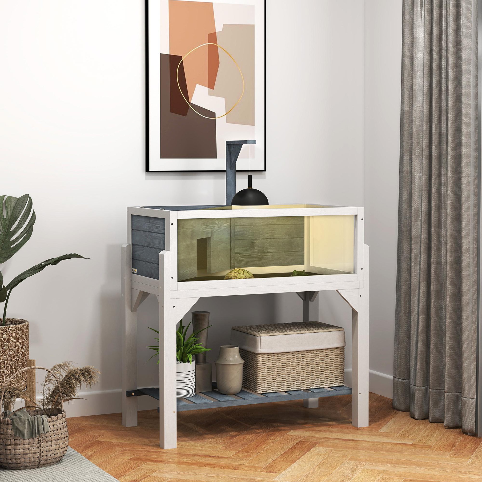 Voir la diapositive 4 : PAWHUT Maison pour tortue sur pied 2 zones étagère - terrarium - toit ouvrant, enclos, support lampe - gris