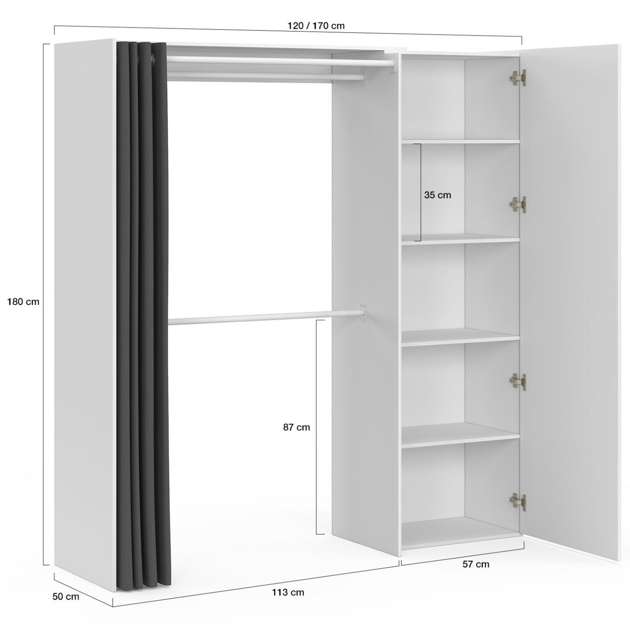 Voir la diapositive 5 : ID MARKET Dressing extensible marty 120/170 x 50 x 180 cm blanc avec étagères + double penderie + miroir + rideau gris