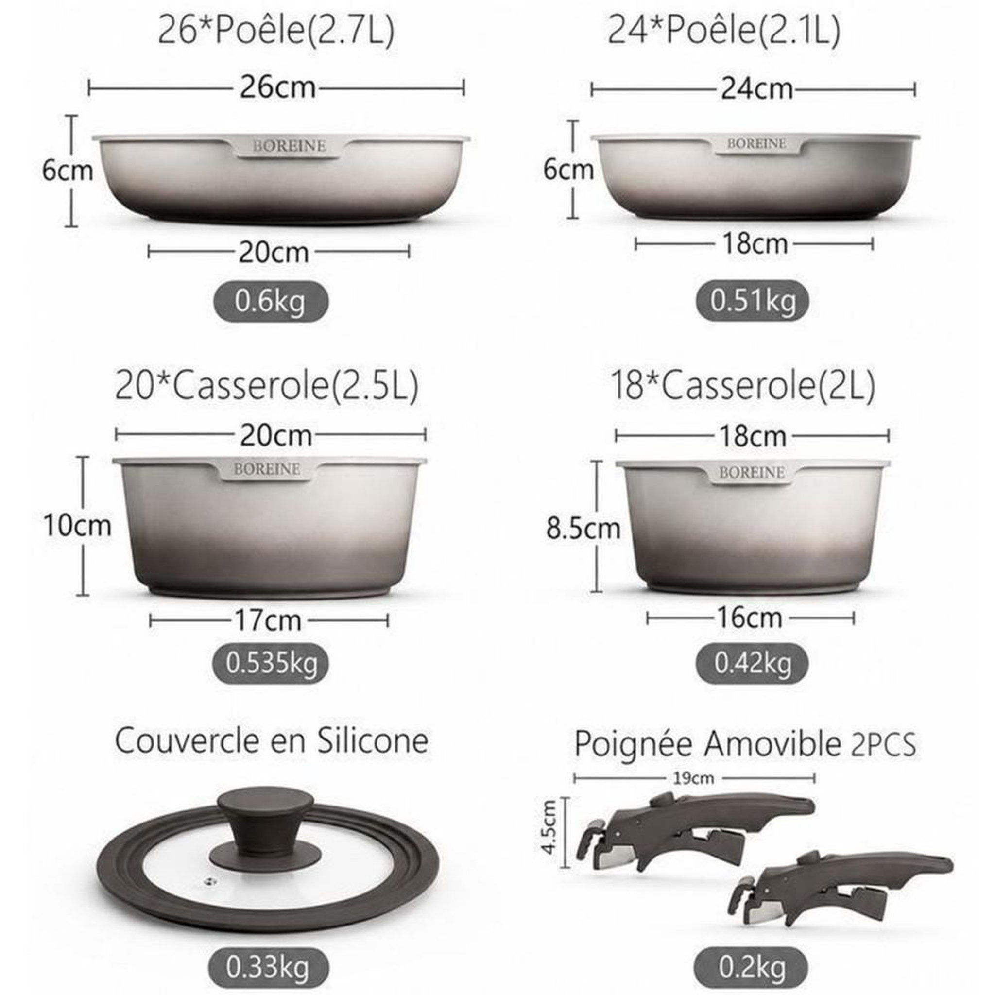 Voir la diapositive 2 : Set de casseroles et poêles antiadhésives 7 pièces avec poignées amovibles, couvercle silicone, compatible induction