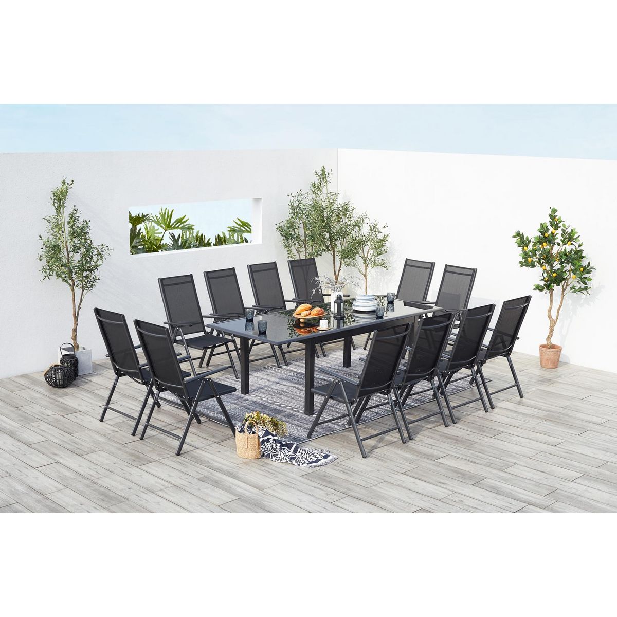 CONCEPT USINE Table de jardin et 12 chaises en aluminium gris RAVENNE