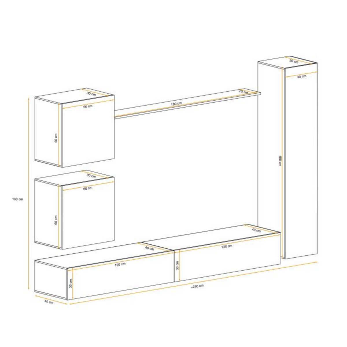 Paris Prix Meuble TV Mural Design  Switch VIII  280cm Naturel & Blanc