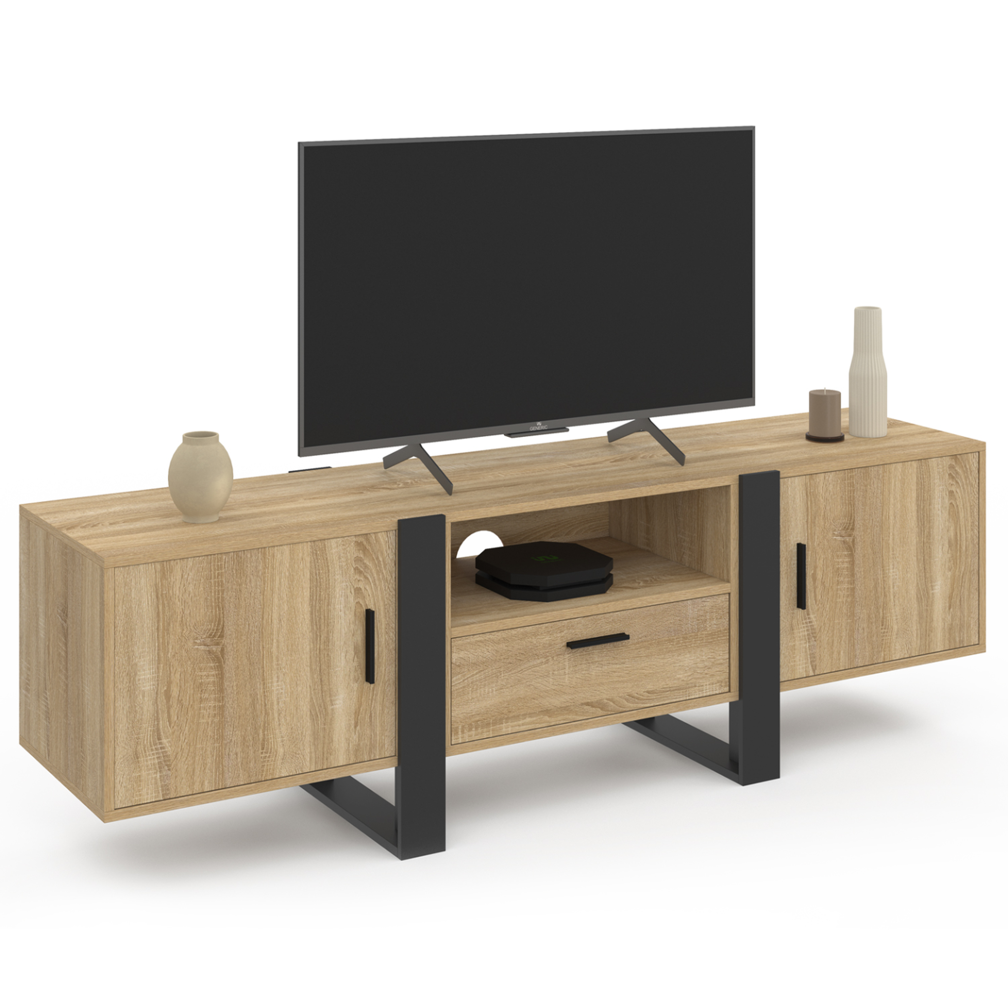ID MARKET Meuble tv 160 cm phoenix avec rangements bois et noir