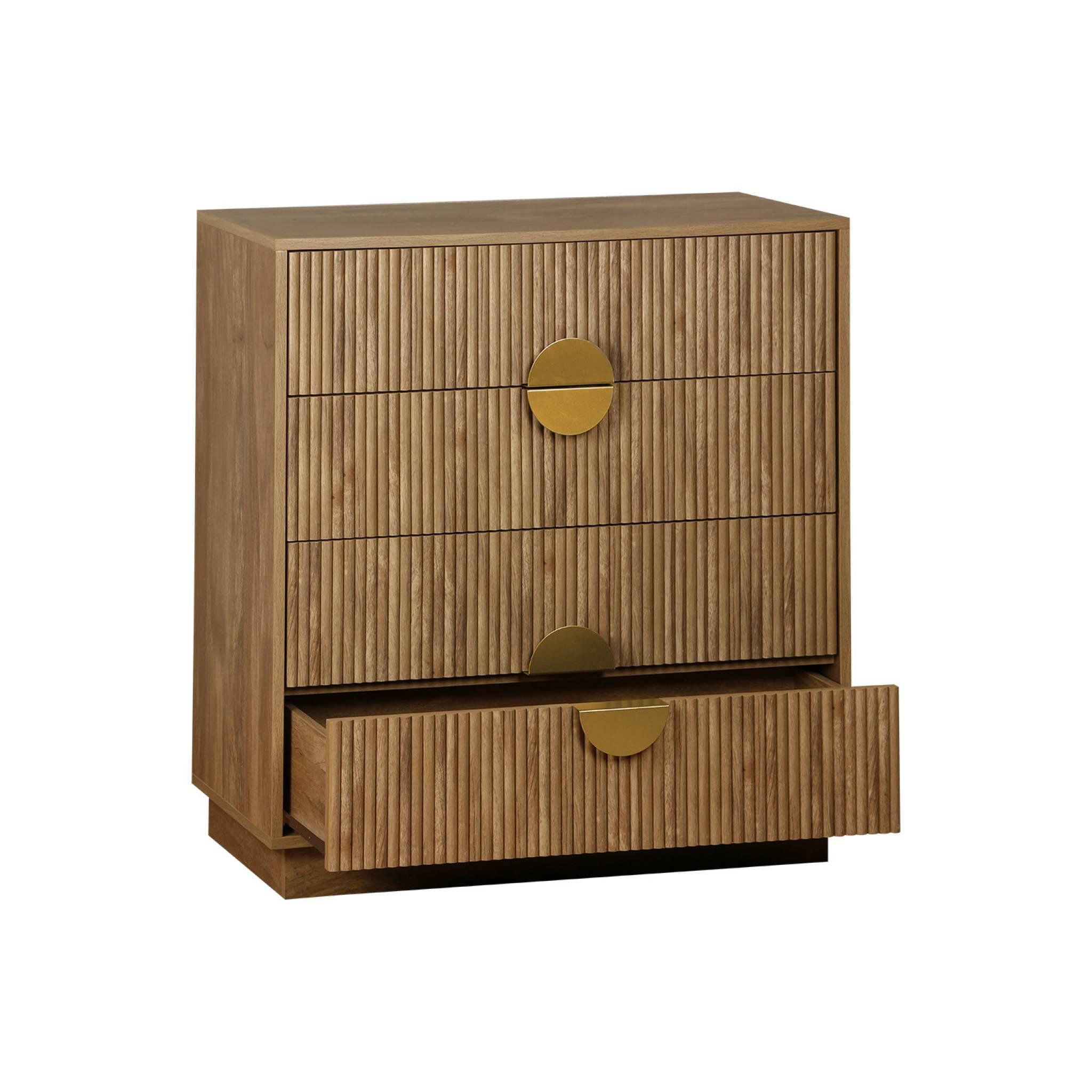 Voir la diapositive 5 : SWEEEK Commode 4 tiroirs décor bois de manguier rainuré. poignées en métal doré. L80 x P40 x H85cm