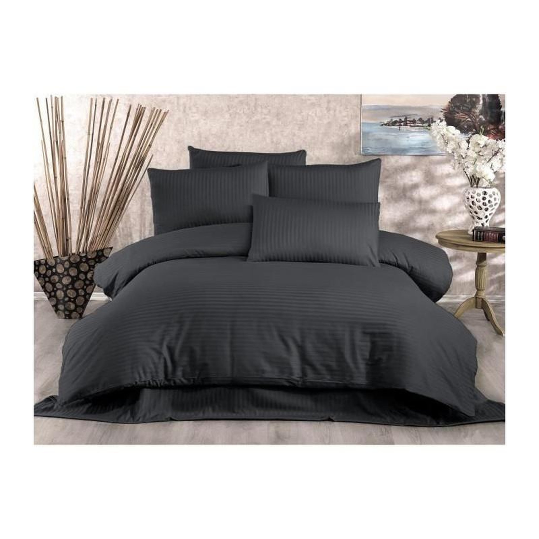 GENERIQUE Parure de lit - 1 housse de couette 220x240 cm + 2 taies d'oreiller 60x60 cm - 70% polyester, 30% coton - Anthracite