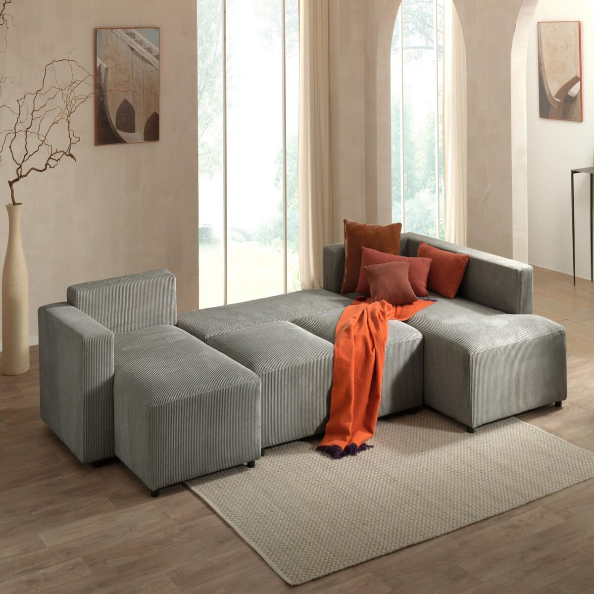 LISA DESIGN Livy - canapé panoramique convertible - avec coffre - en velours côtelé - 7 places - droit