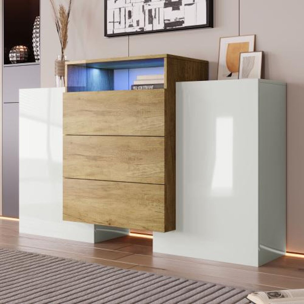 MERAX Buffet 2 porte(s) 3 tiroir(s) - 140 cm blanc+naturel led mdf